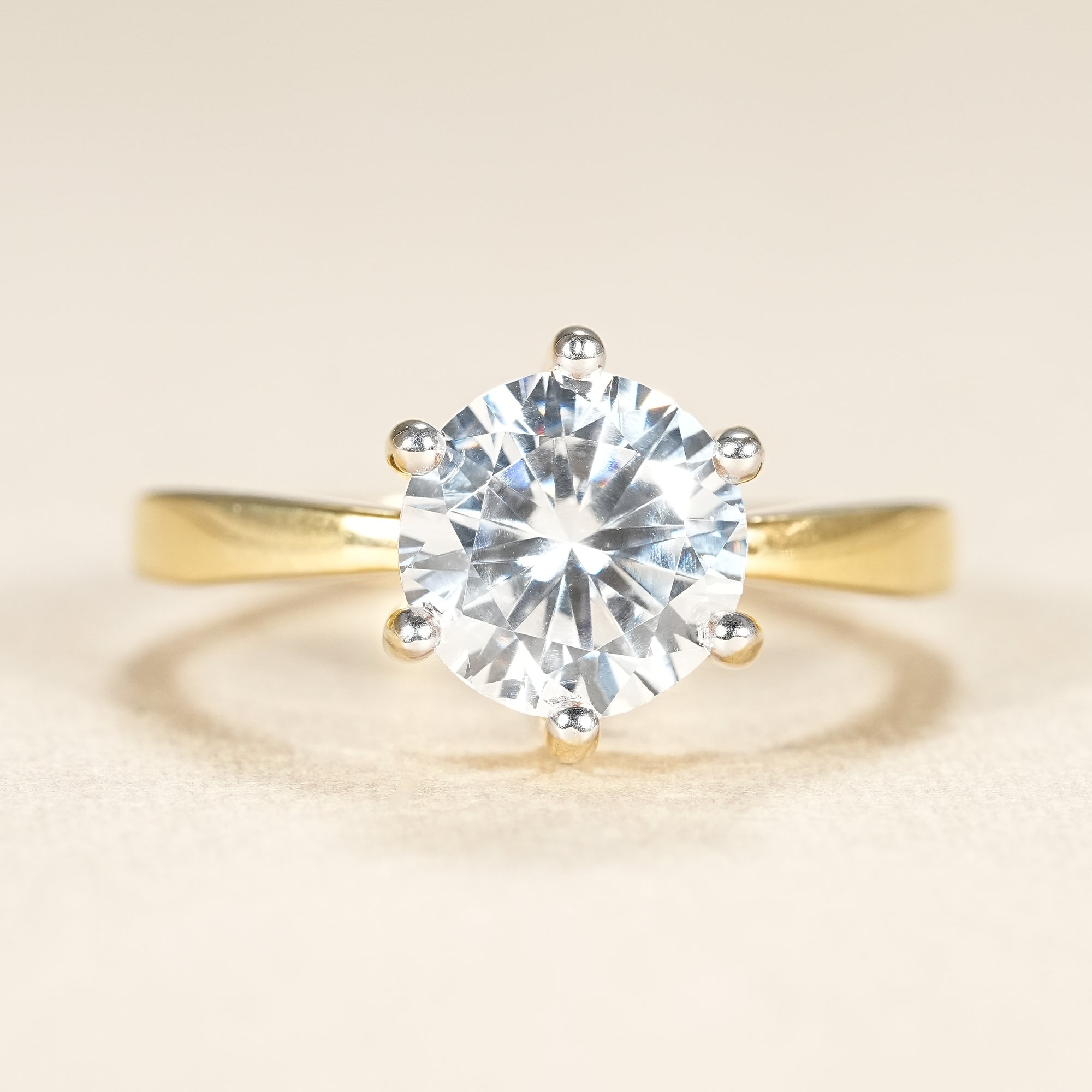 Round cut lab diamond solitaire engagement ring with six prong yellow gold setting