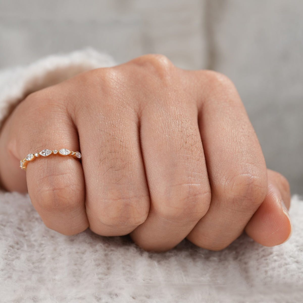 Marquise and Round Lab Diamond Half Eternity Wedding Band