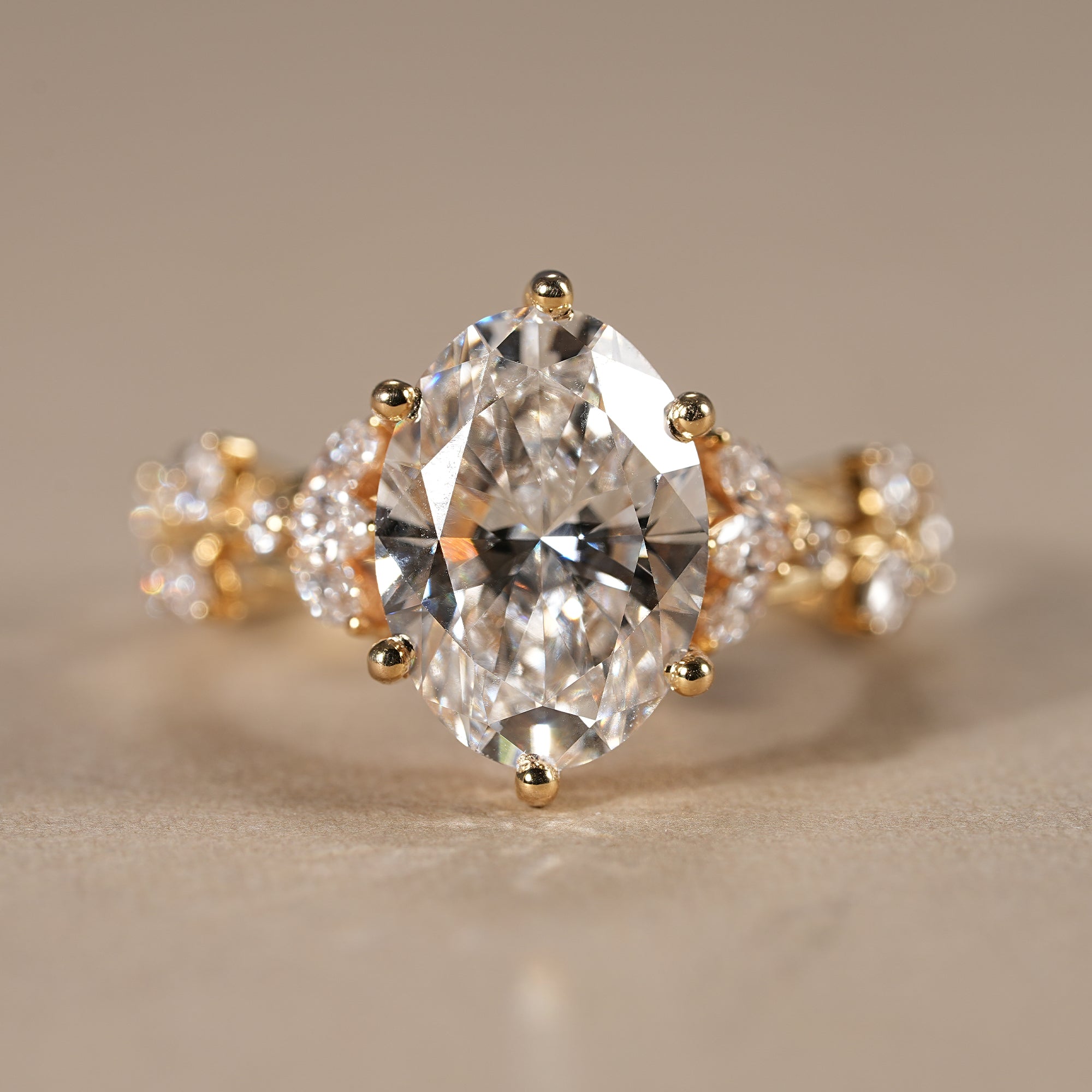 Nature inspired oval cut lab diamond engagement ring with marquise leaf twisted gold band