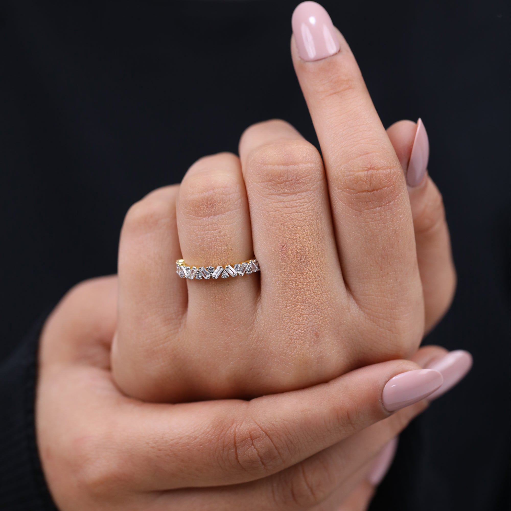 Gold anniversary band with baguette and round lab created diamonds