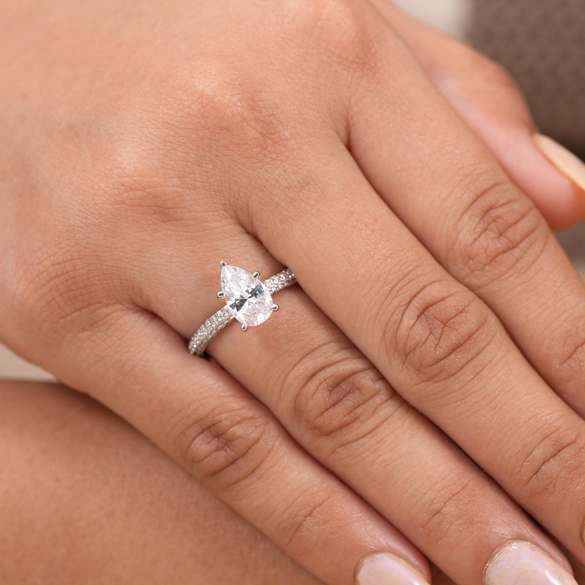 Pear Cut Lab Diamond Engagement Ring With Pave Band