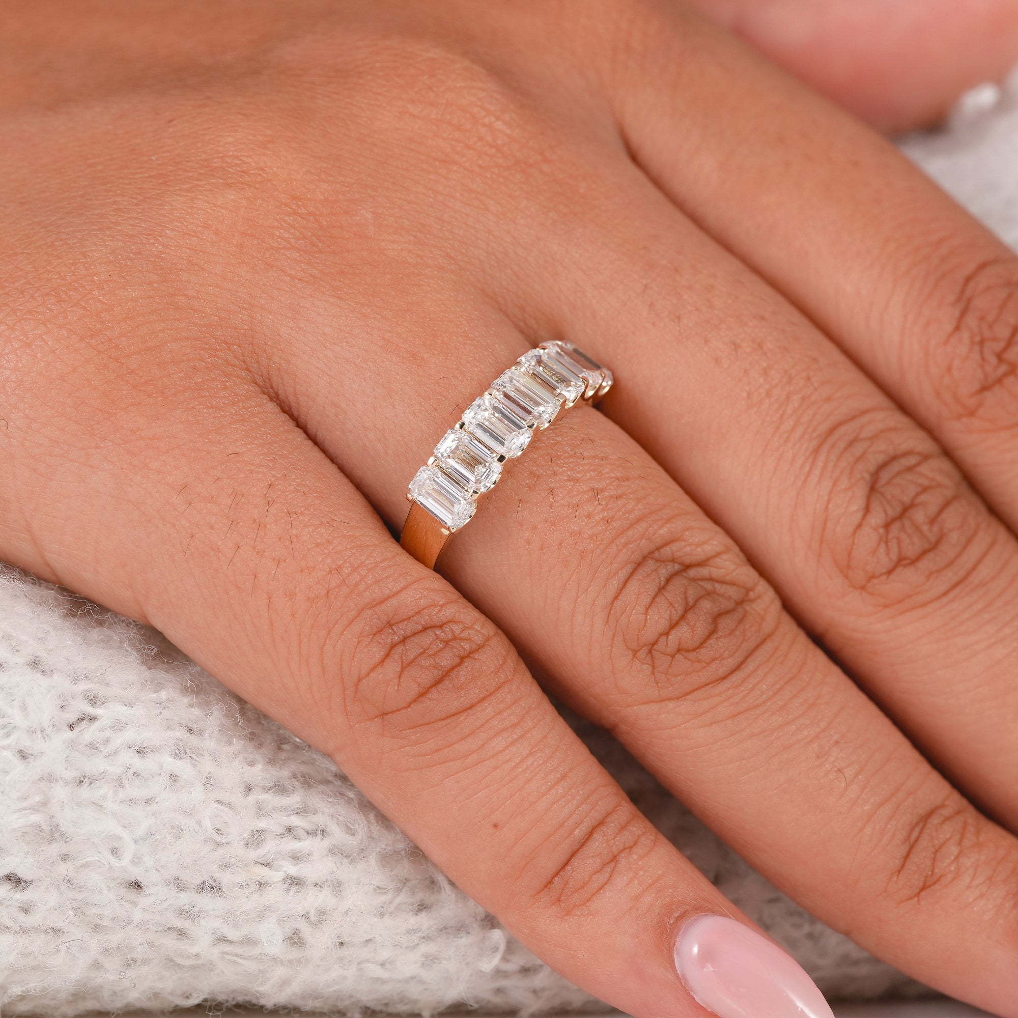 7 Stone Emerald Cut Lab Grown Diamond Eternity Wedding Band