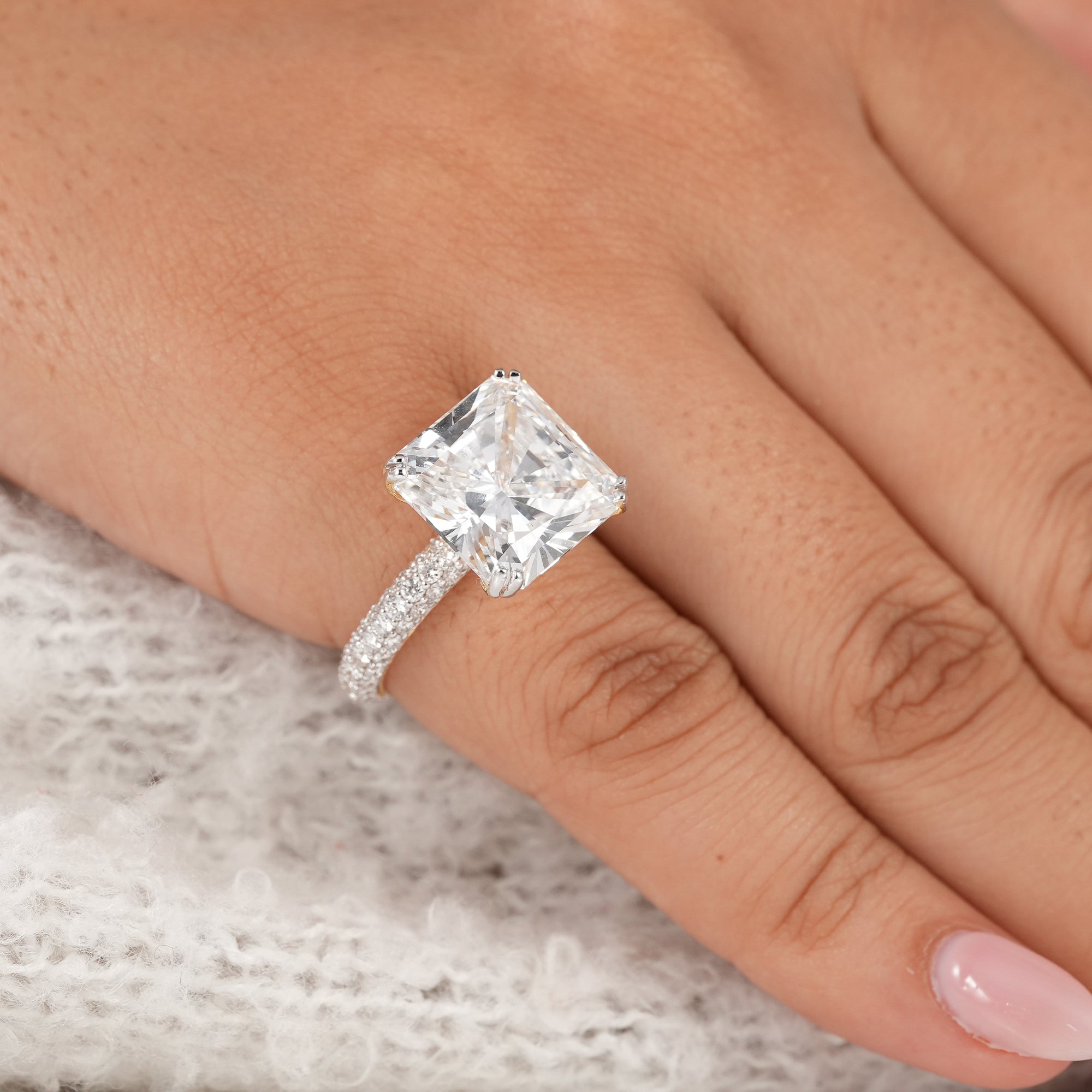 Radiant Cut Lab Grown Diamond Engagement Ring With Pave Band