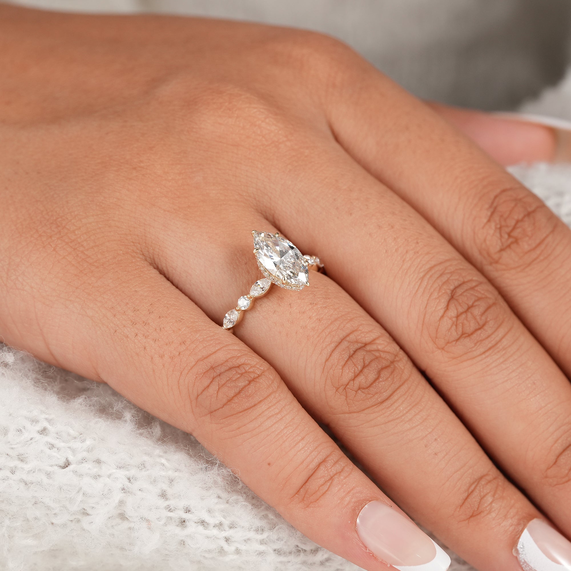 Marquise Lab Diamond Hidden Halo Engagement Ring