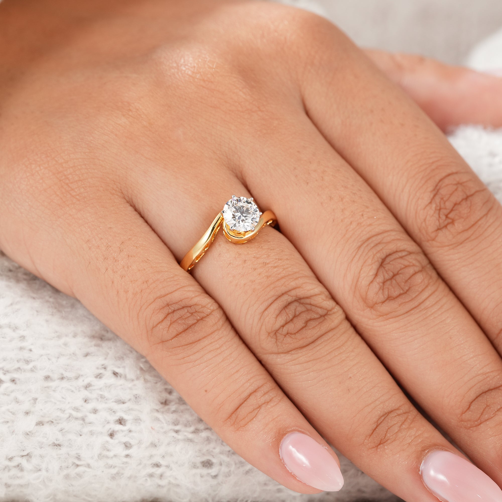 Round Cut Lab Diamond Solitaire Engagement Ring With Bypass Band