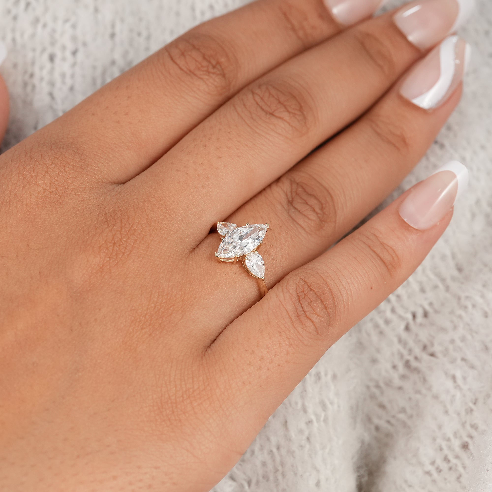 Three Stone Marquise Cut Lab Diamond Engagement Ring With Pear Side Stones