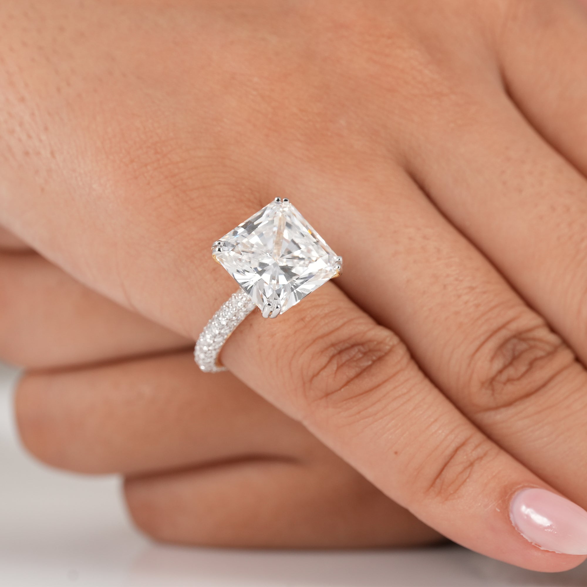 Radiant Cut Lab Grown Diamond Engagement Ring With Pave Band
