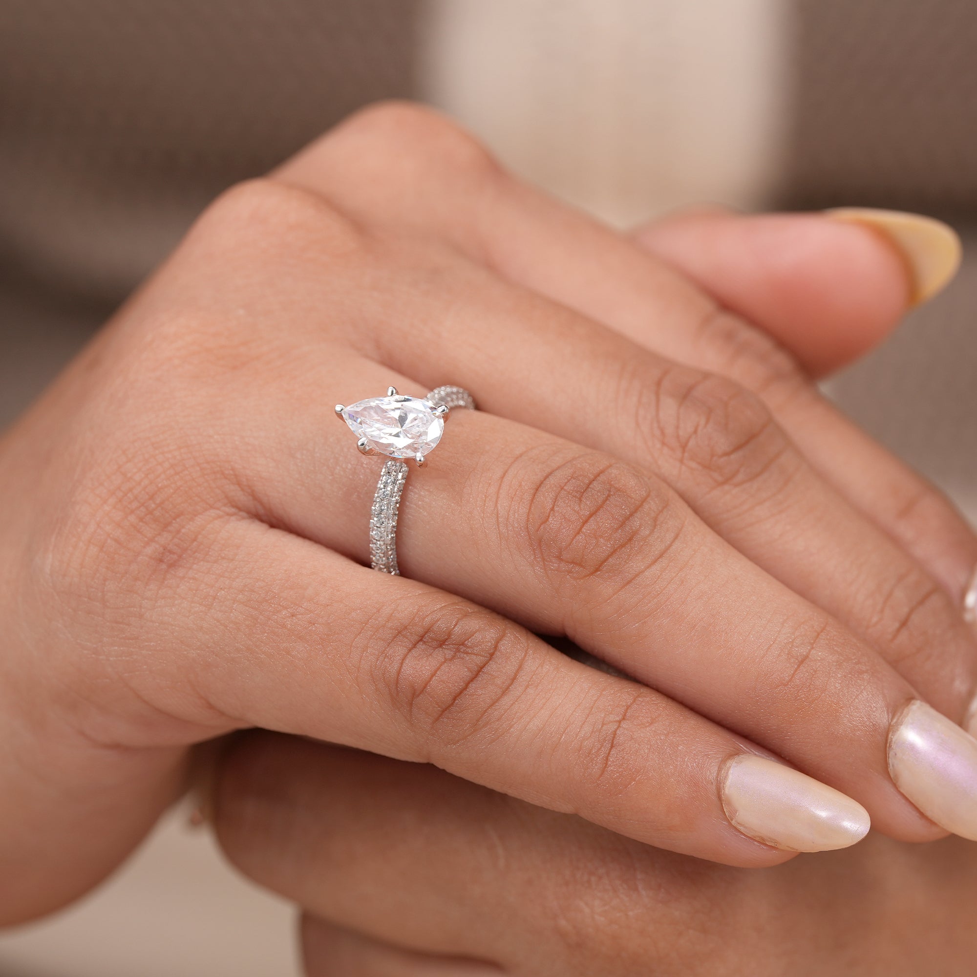 Pear Cut Lab Diamond Engagement Ring With Pave Band