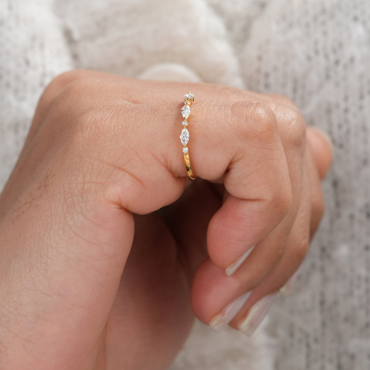 Marquise and Round Lab Diamond Half Eternity Wedding Band