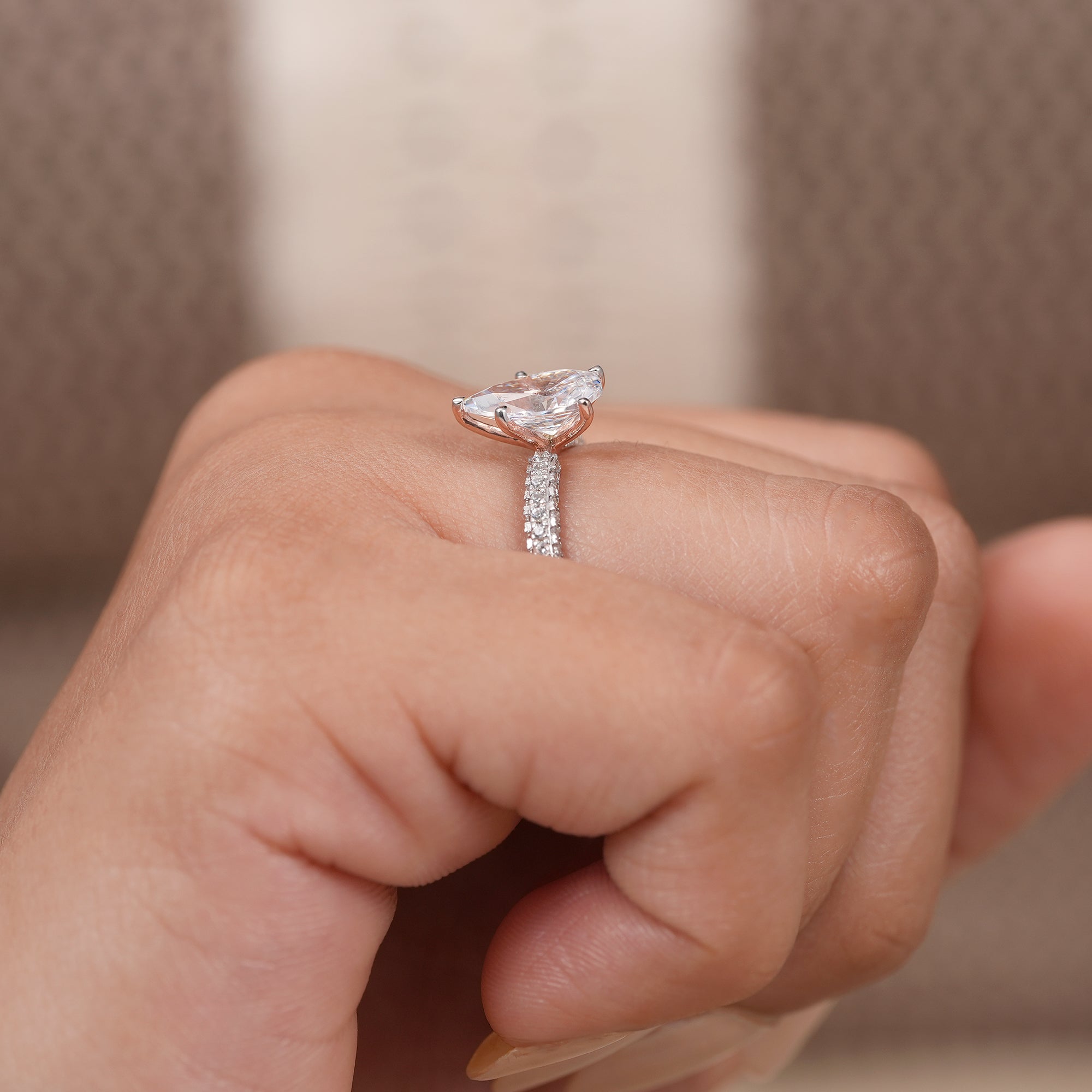 Pear Cut Lab Diamond Engagement Ring With Pave Band