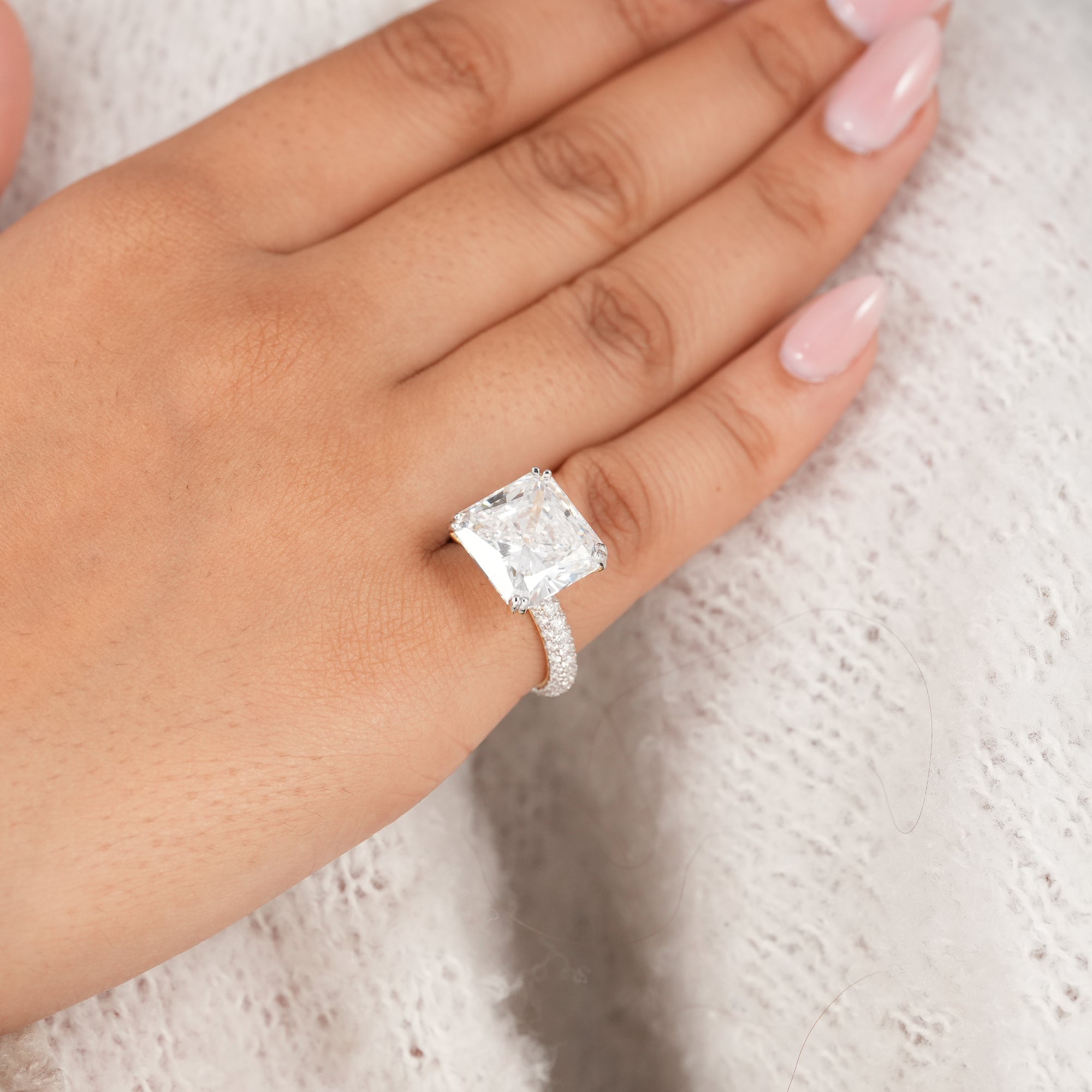 Radiant Cut Lab Grown Diamond Engagement Ring With Pave Band