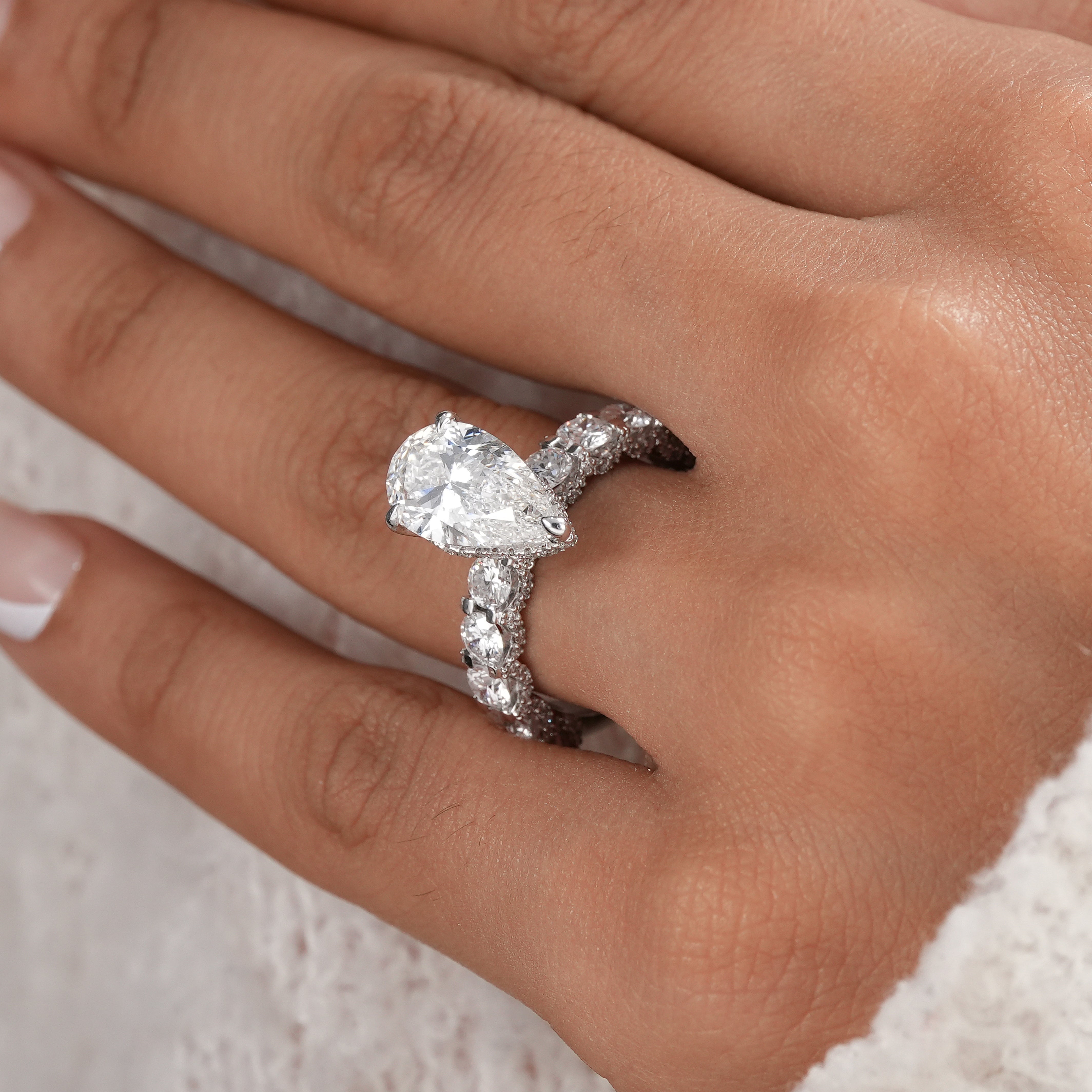 Pear Lab Diamond Hidden Halo Engagement Ring With Full Detailed Diamond Band