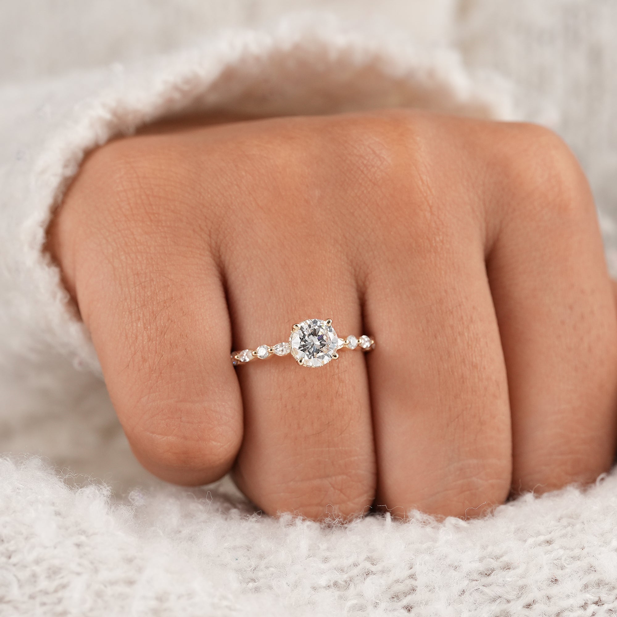 Women's hidden halo round diamond proposal ring
