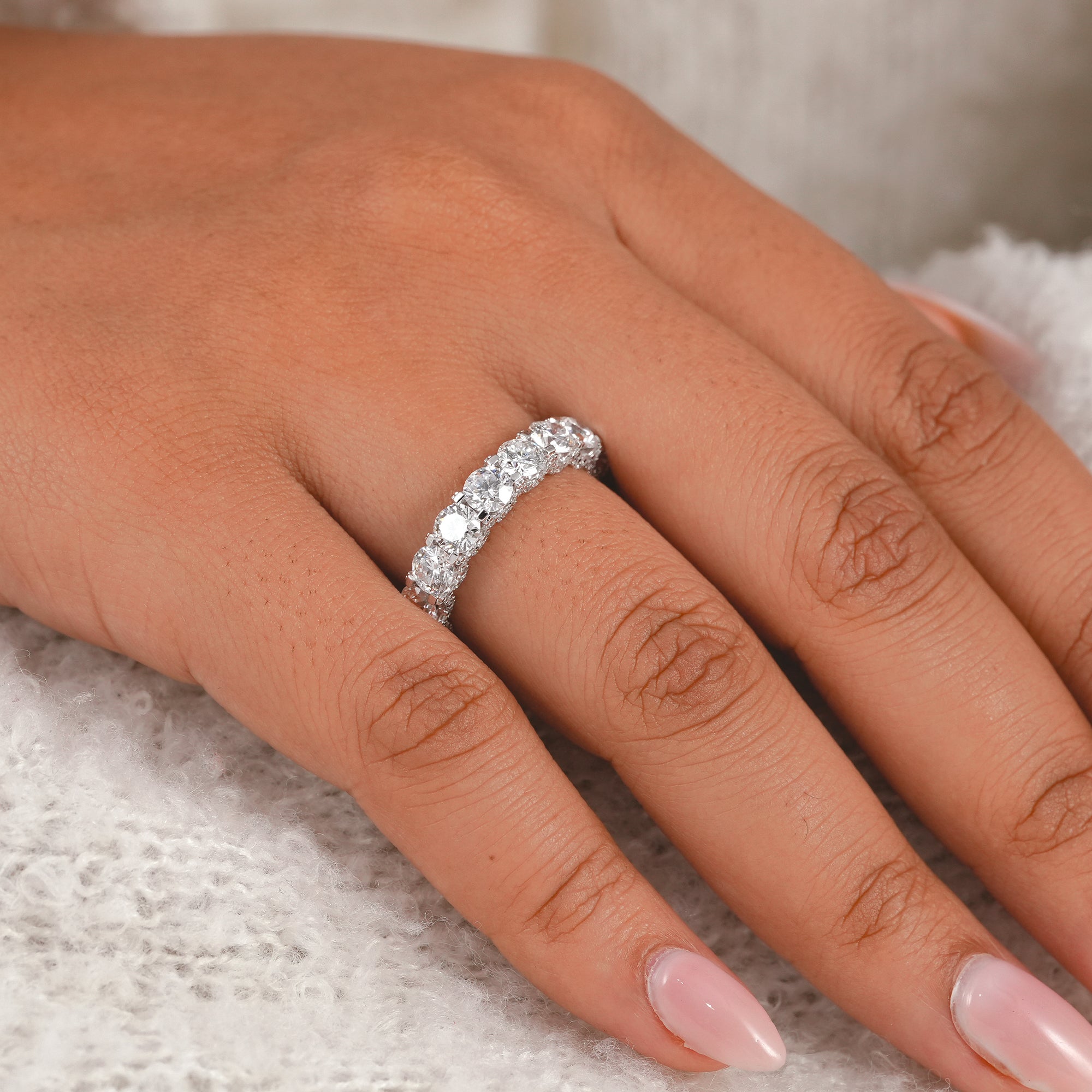 Timeless eternity wedding band showcasing round brilliant lab grown diamonds with luxury fine jewelry craftsmanship.