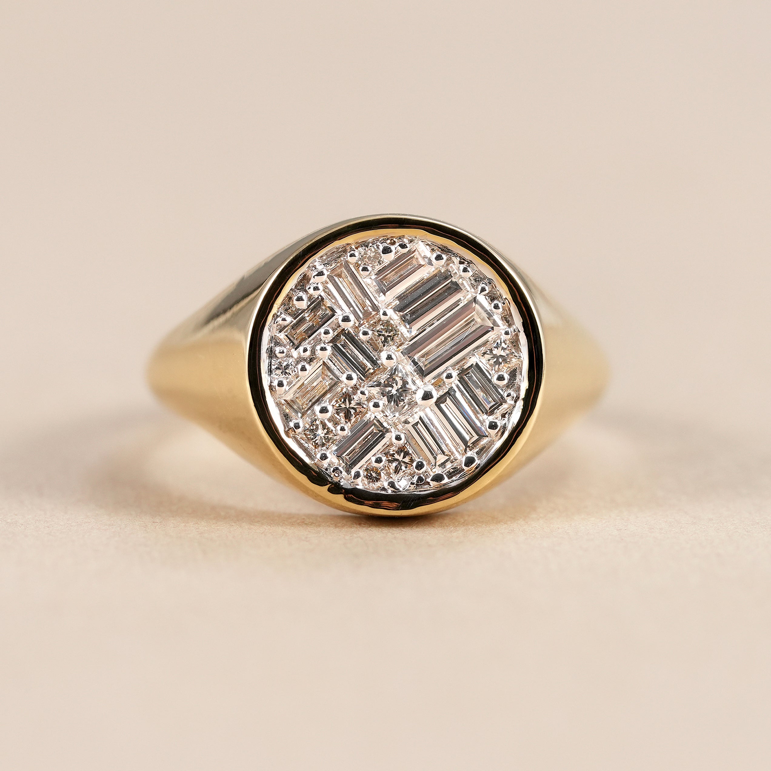 Baguette and princess cut lab grown diamond signet ring in yellow gold