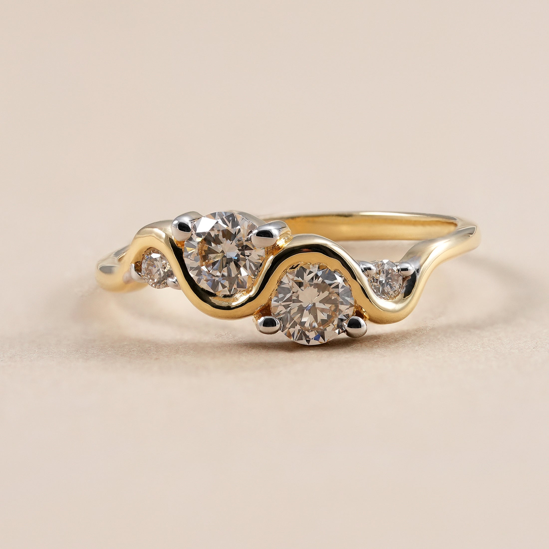 Round lab grown diamond wave wedding band in yellow gold minimalist stackable ring.