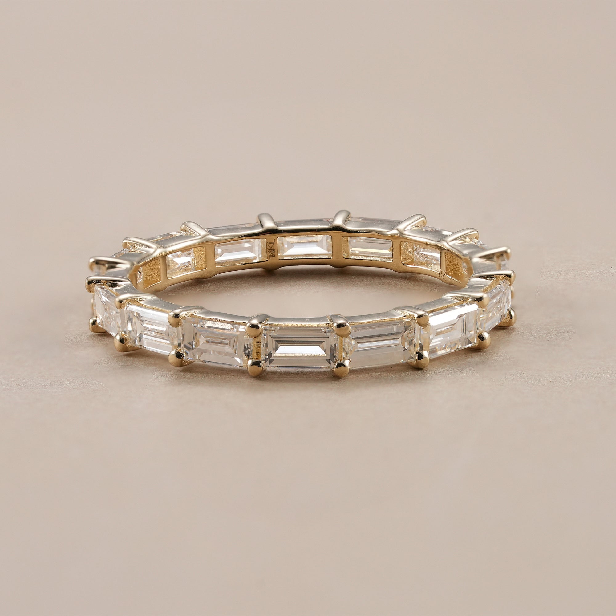 Lab grown baguette diamond eternity band in yellow gold.