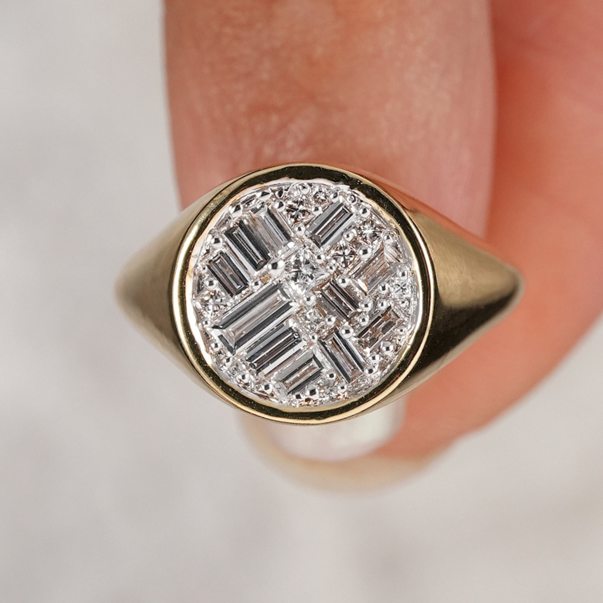 Fine jewelry lab grown diamond signet ring close-up view