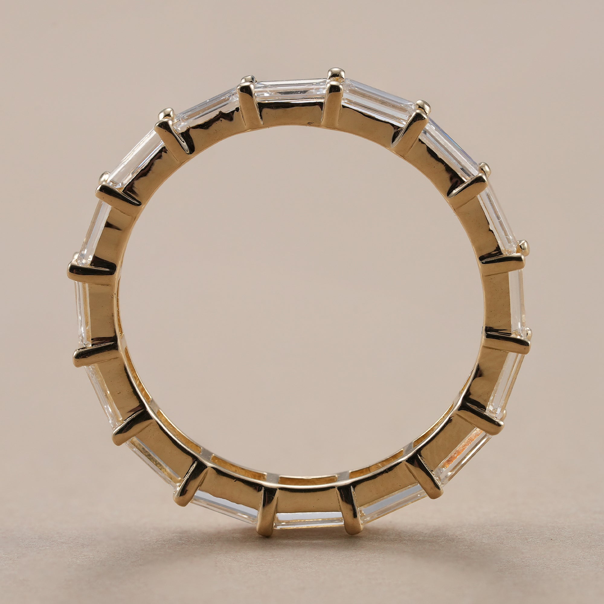 Minimalist baguette diamond eternity ring for women.