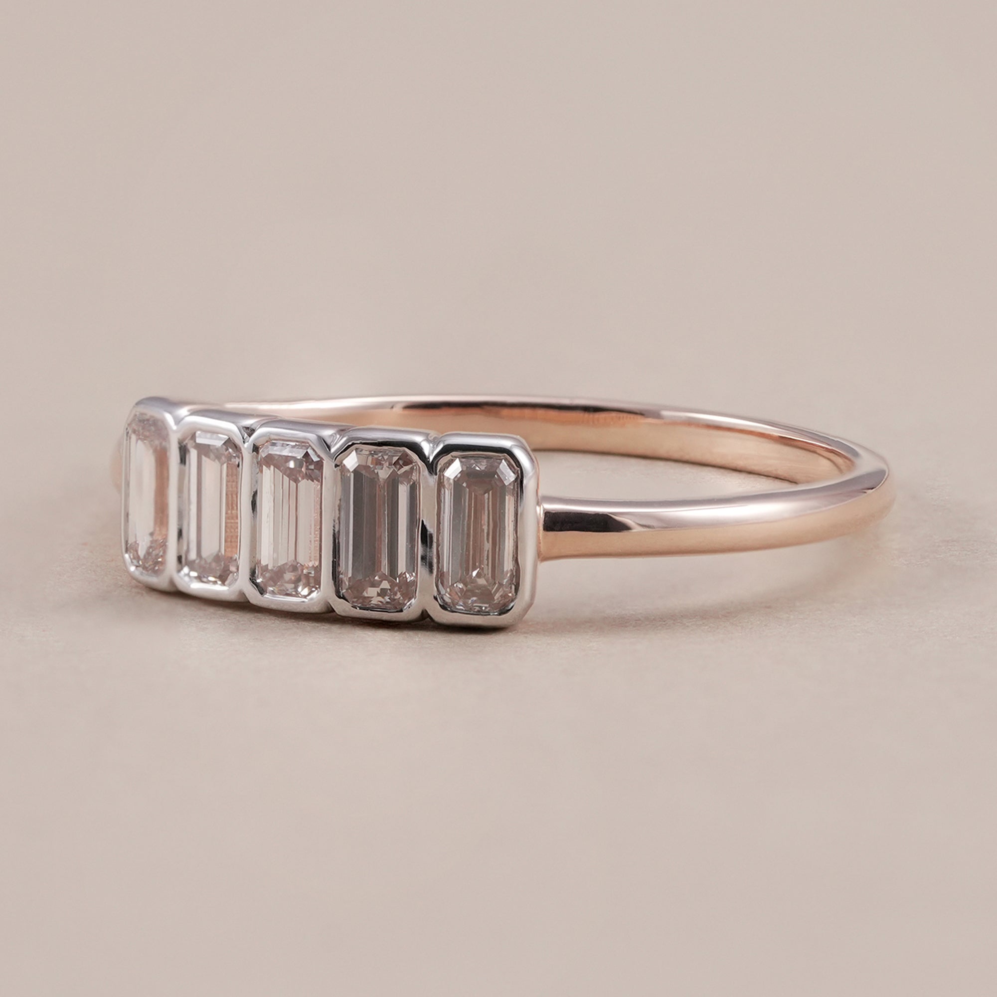 Bezel Set 5 Stone Emerald Cut Lab Diamond Wedding Band