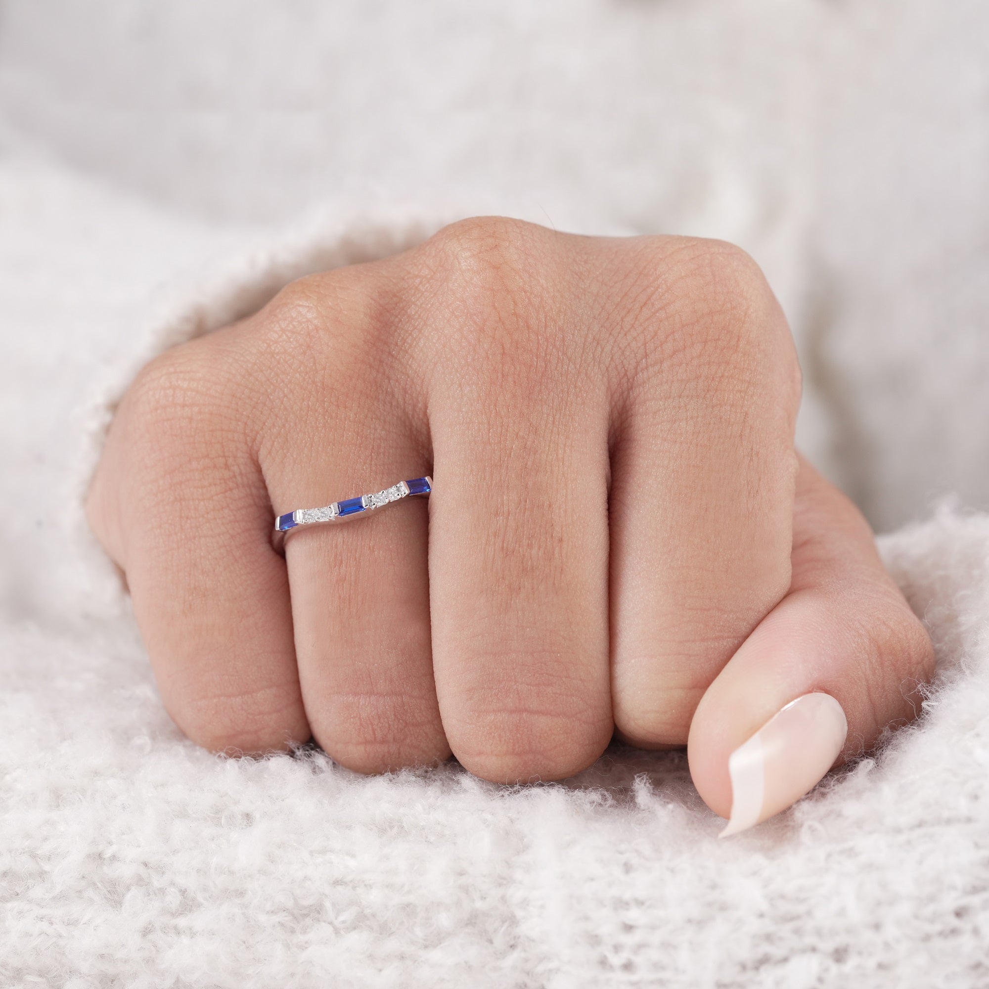 Dainty curved stacking wedding band with lab diamonds