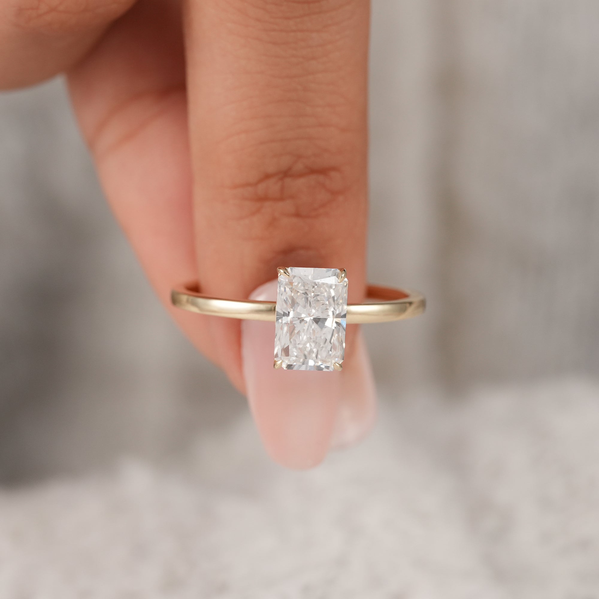 Sustainable radiant cut lab diamond bridal ring.