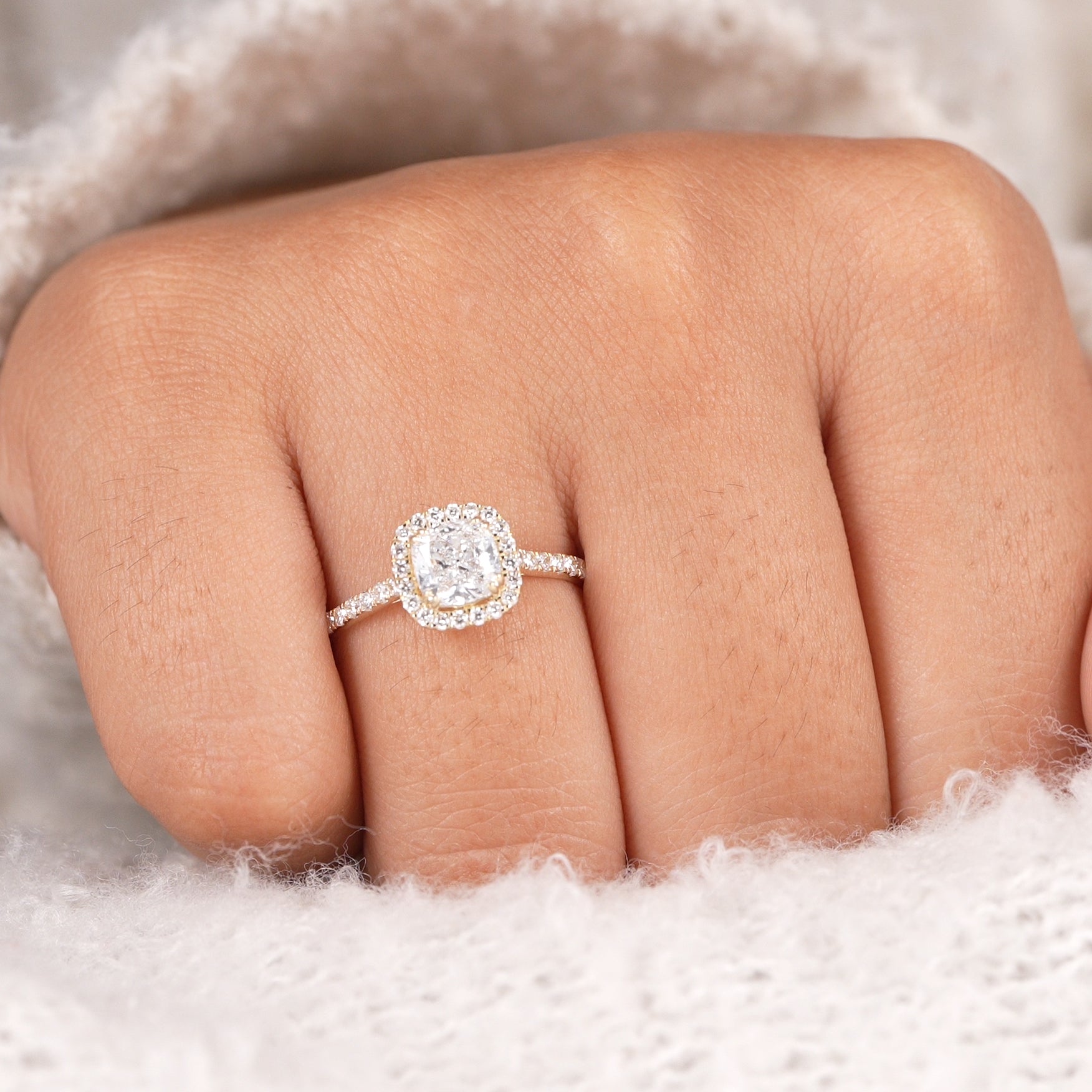 Cushion Cut Lab Diamond Halo Engagement Ring