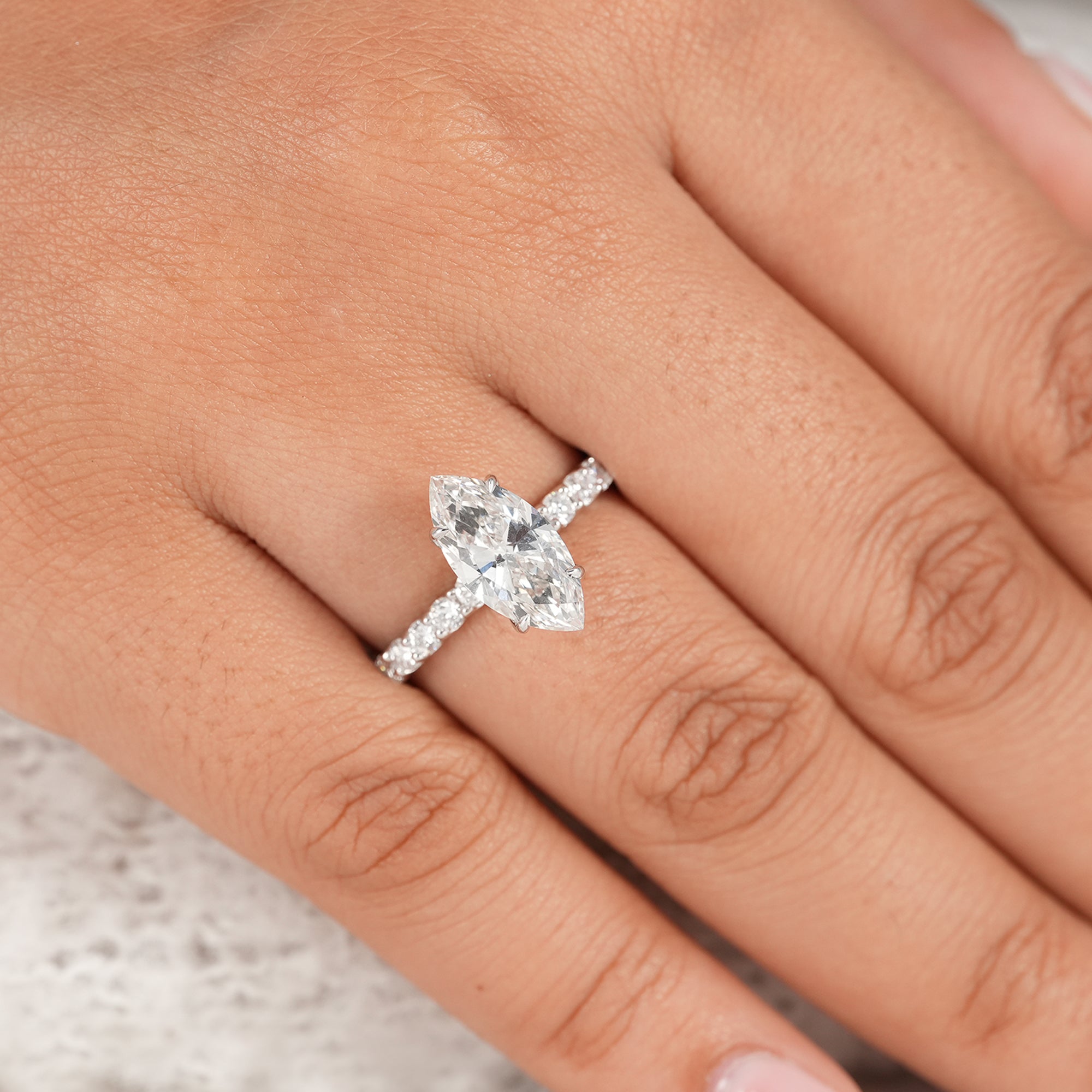 Classic marquise bridal ring featuring lab grown diamonds