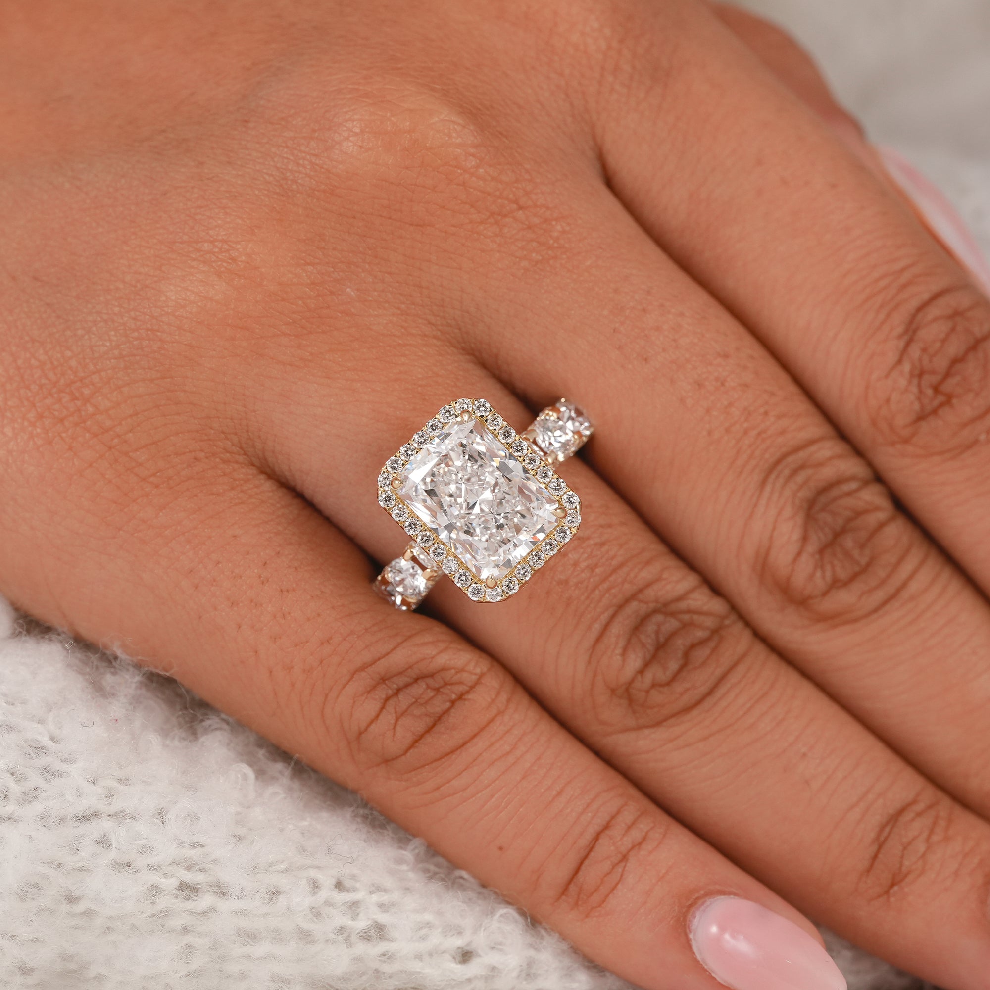 Radiant Cut Lab Diamond Halo Engagement Ring With Full Detailed Band