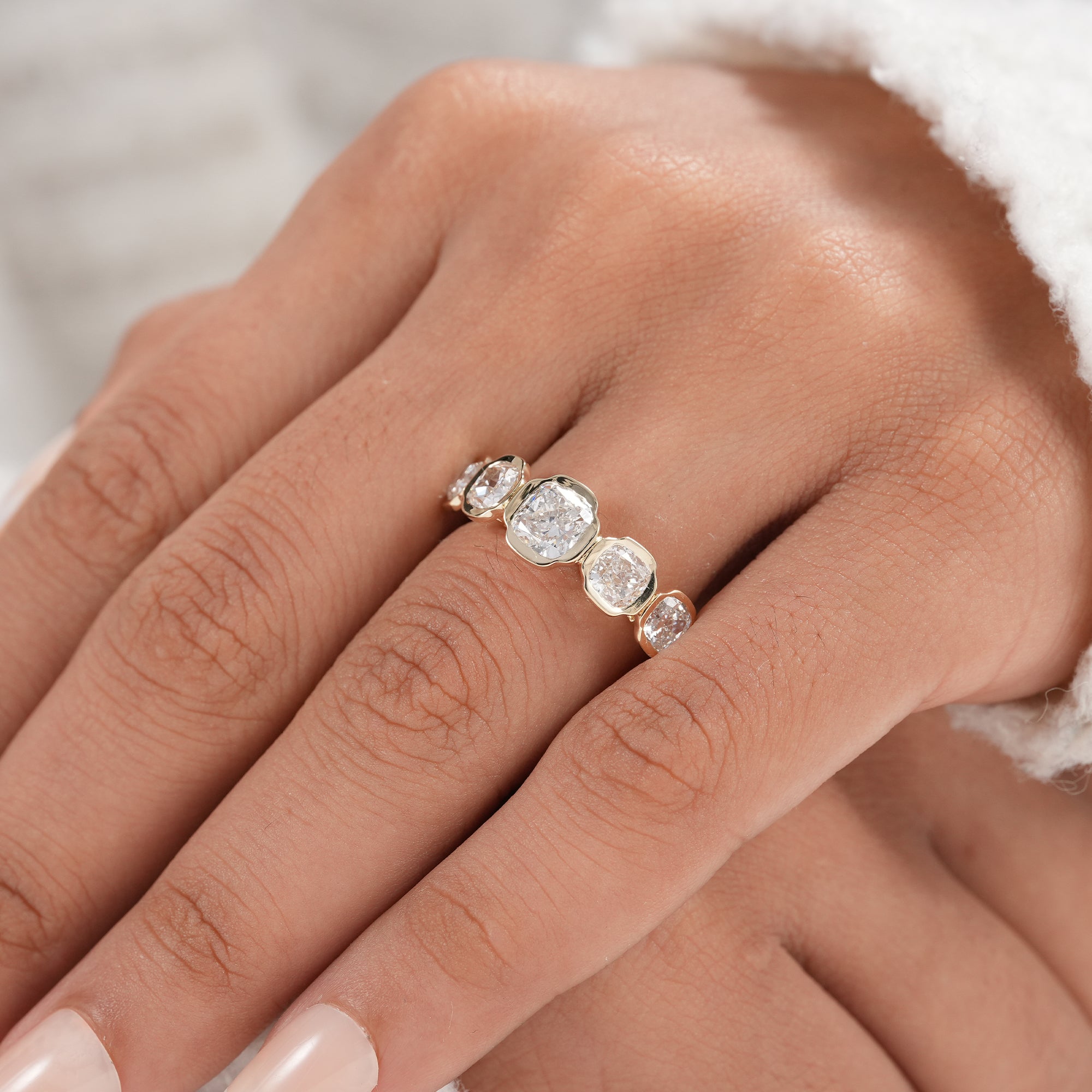 Elegant five stone lab grown diamond ring for bridal and fine jewelry.