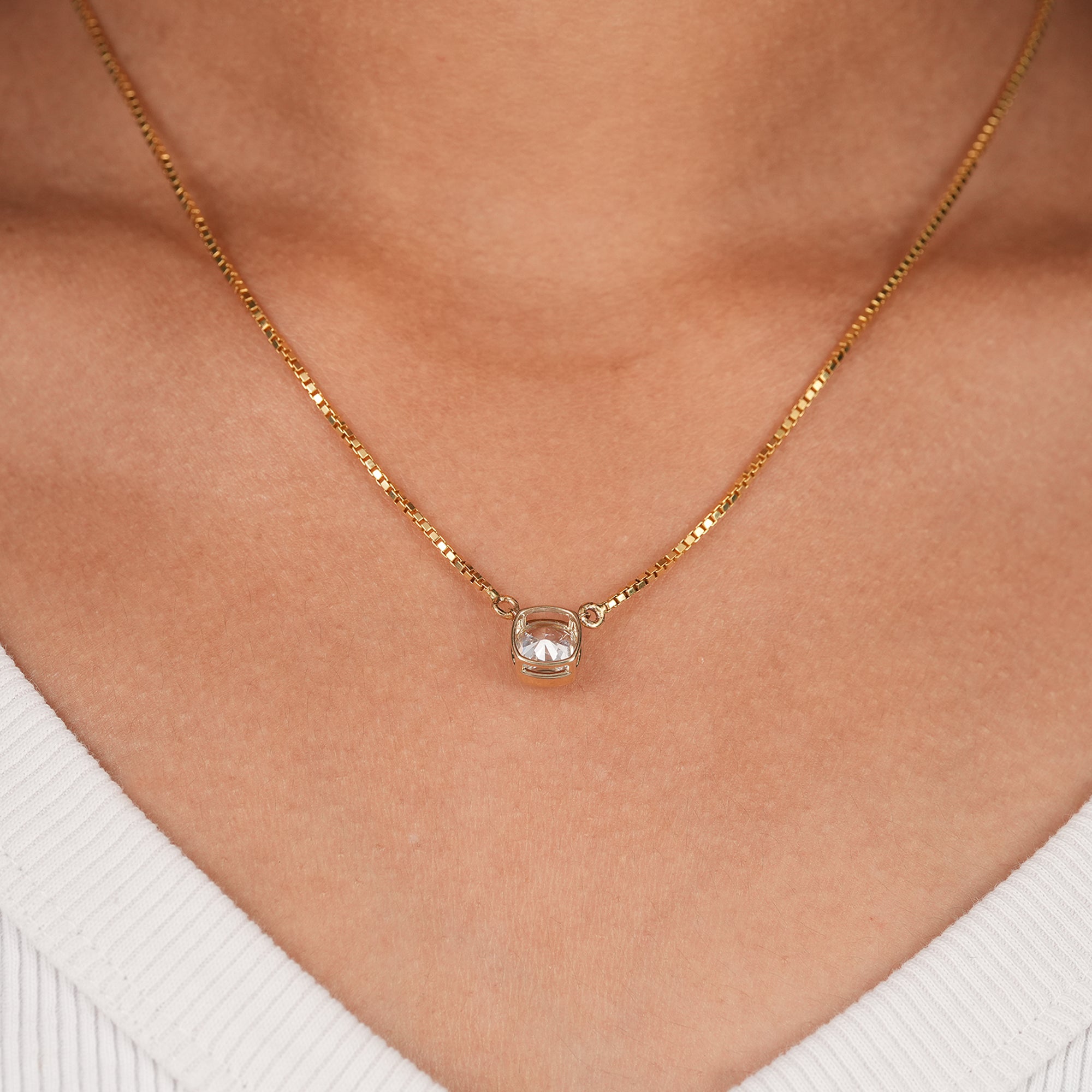 Cushion bezel set diamond necklace for everyday wear