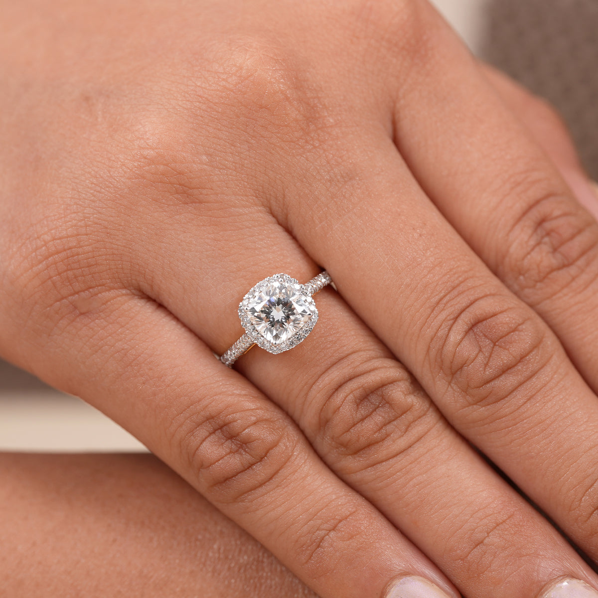 Handmade cushion lab diamond ring available in white, yellow, rose gold, and platinum.