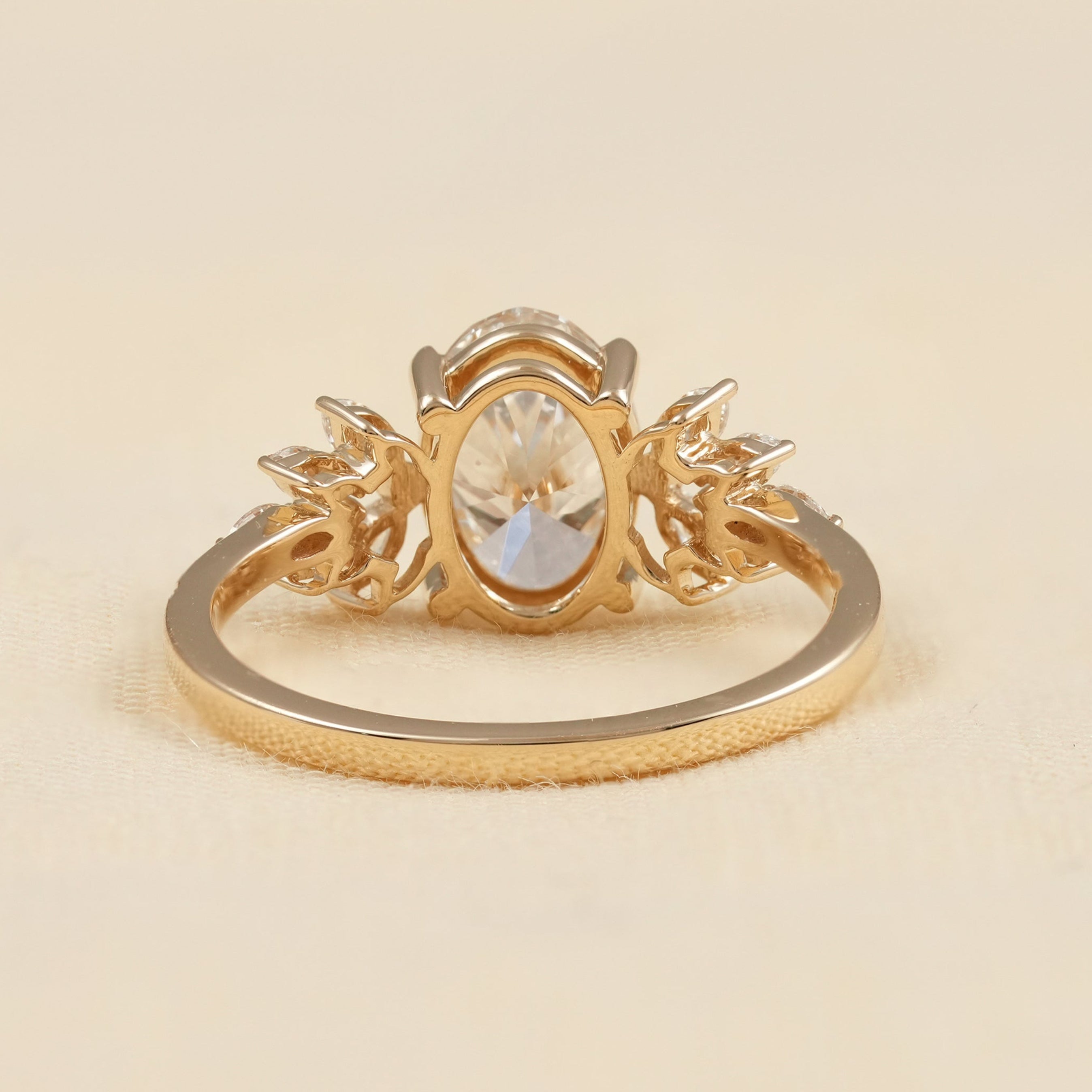 Vintage Style Oval Lab Diamond Ring with Floral Side Stones