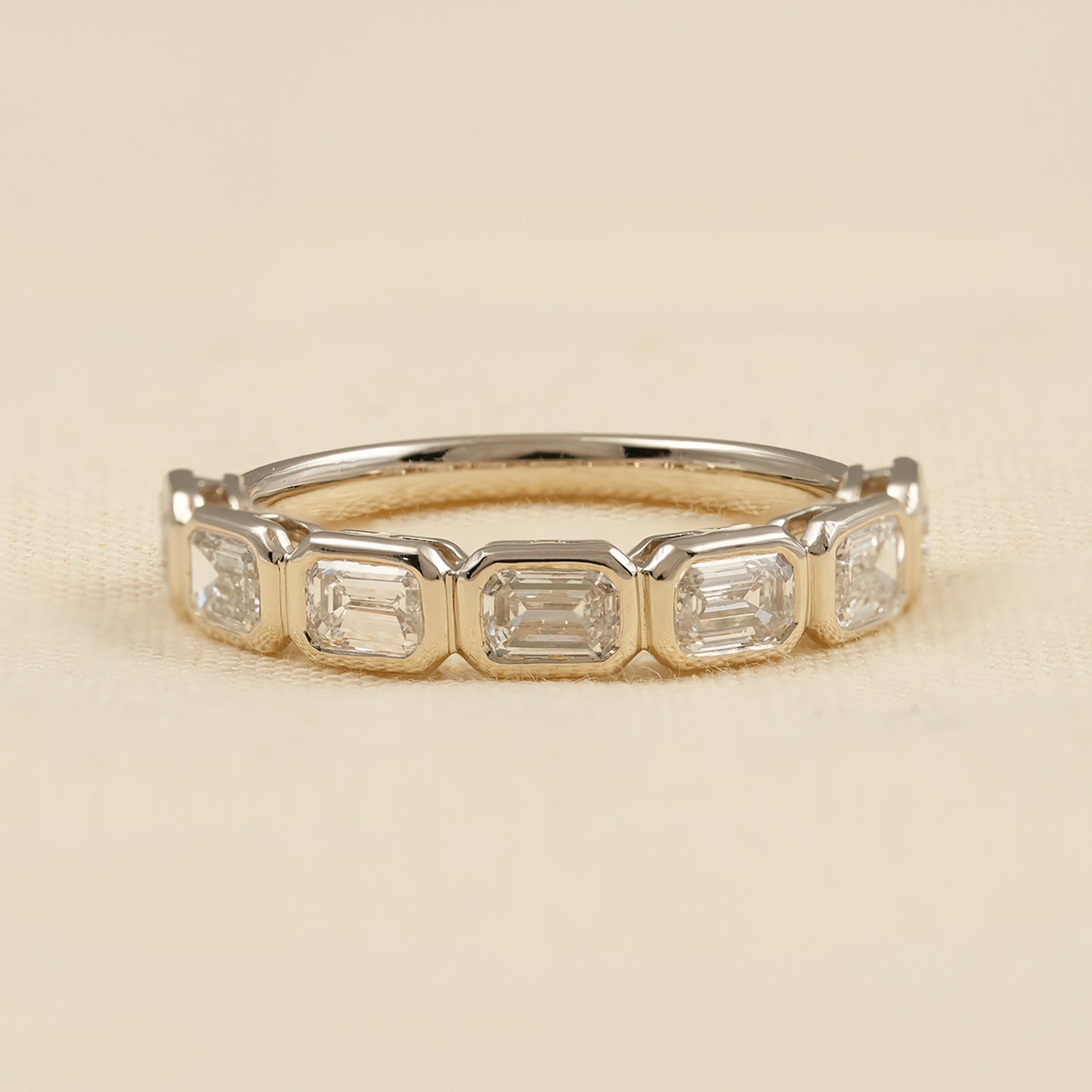 7 Stone Emerald Cut Lab Diamond Wedding Band in Yellow Gold