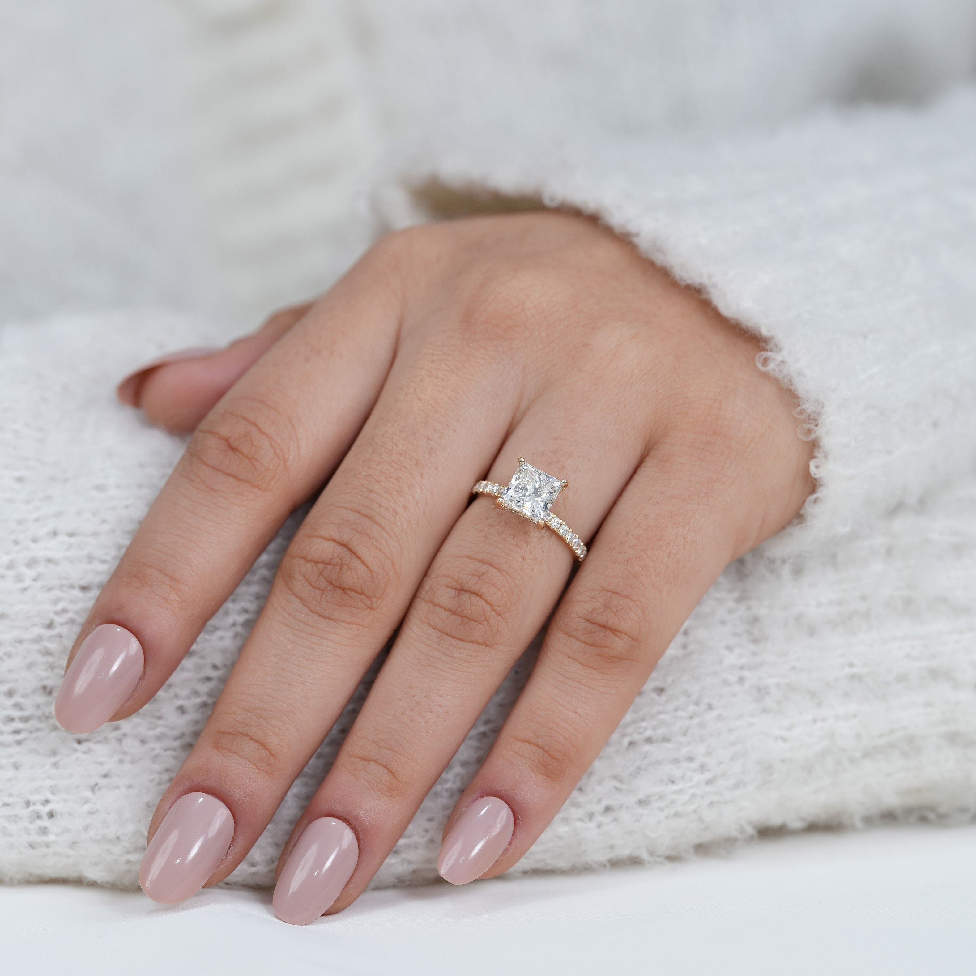 Princess cut lab grown diamond ring with subtle hidden halo