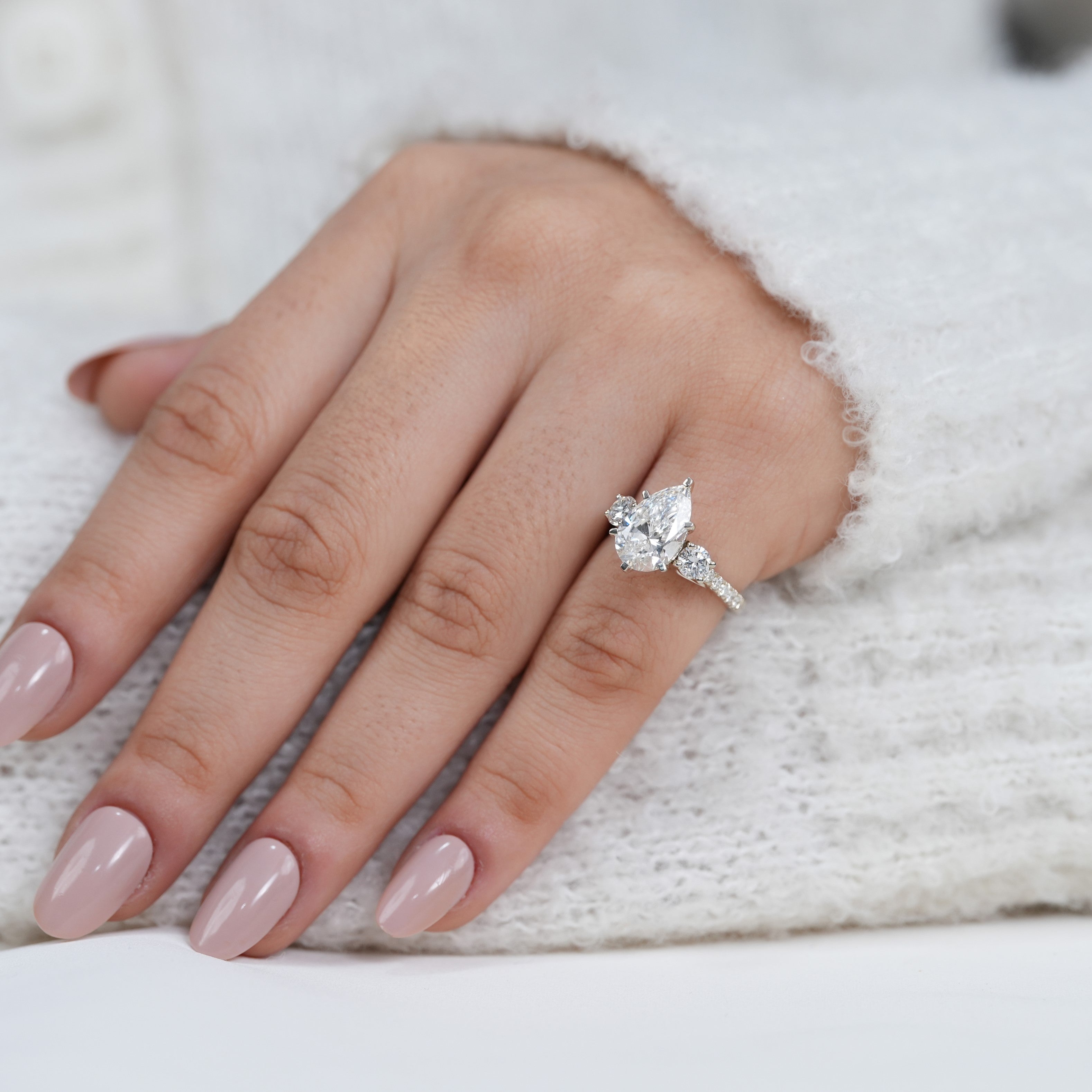 Lab grown diamond three stone pear ring for festive gifting