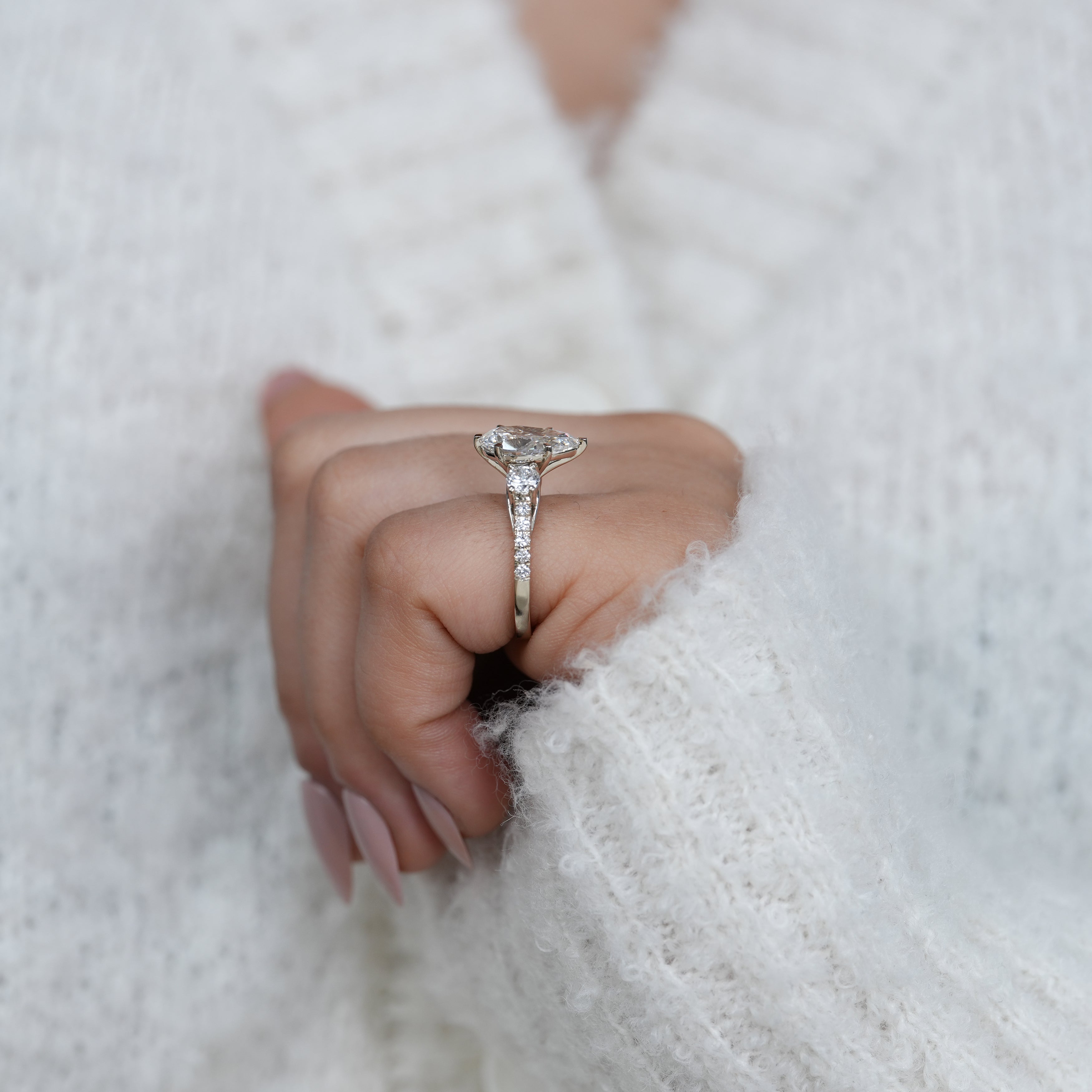 Pear three stone lab grown diamond ring meaningful gift for mom