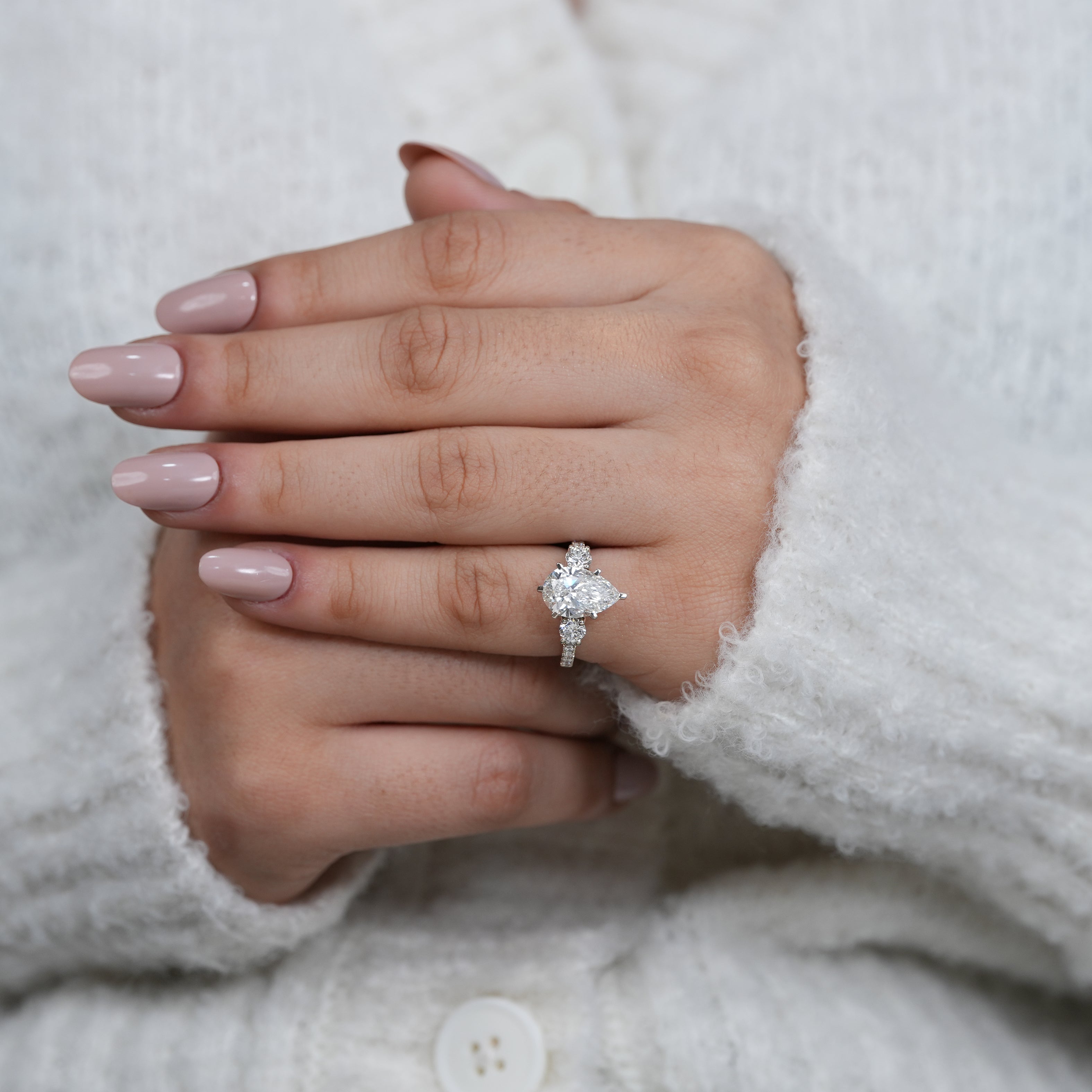Timeless pear lab grown diamond three stone ring for daughter