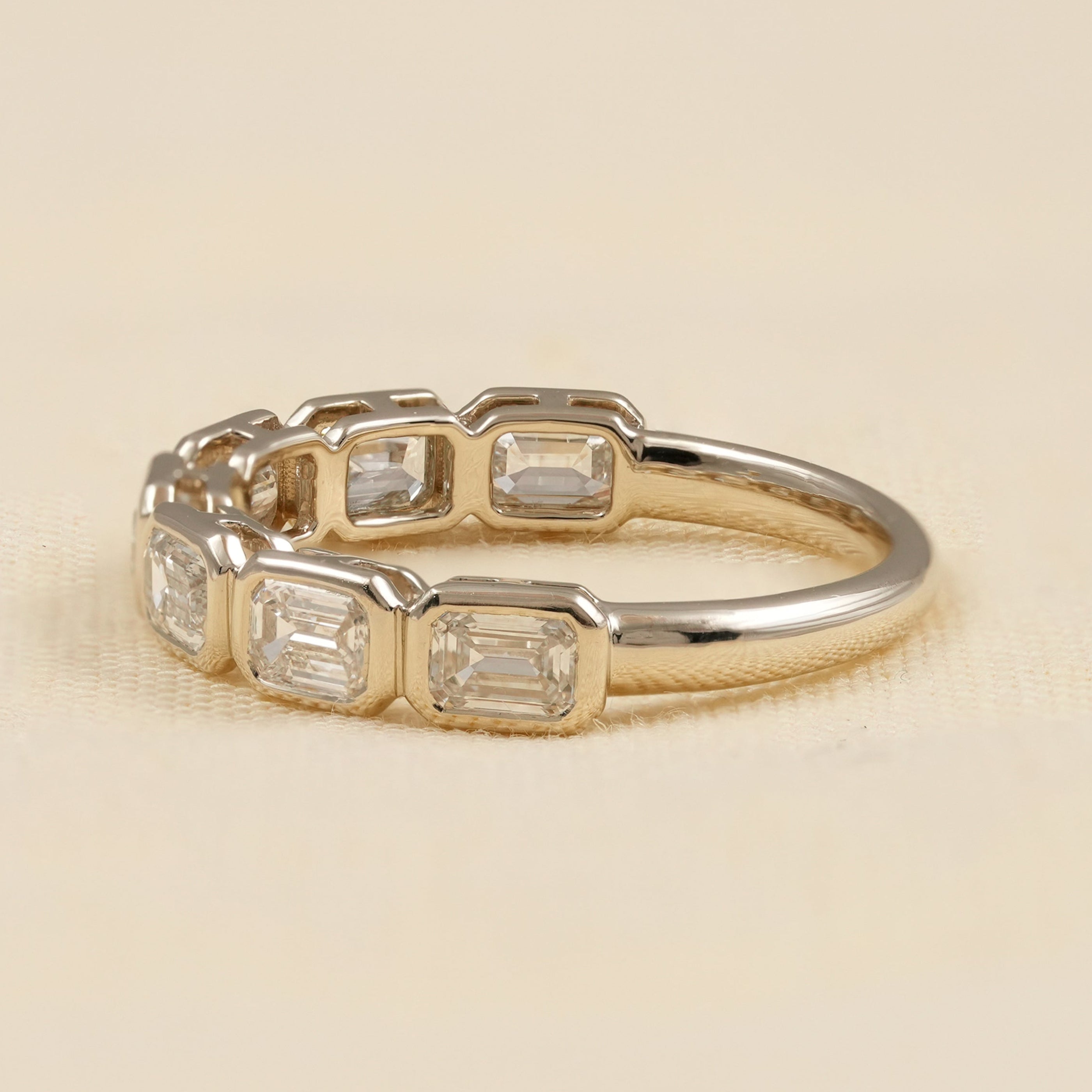 Modern Bezel Set Diamond Wedding Ring with Emerald Cut Stones