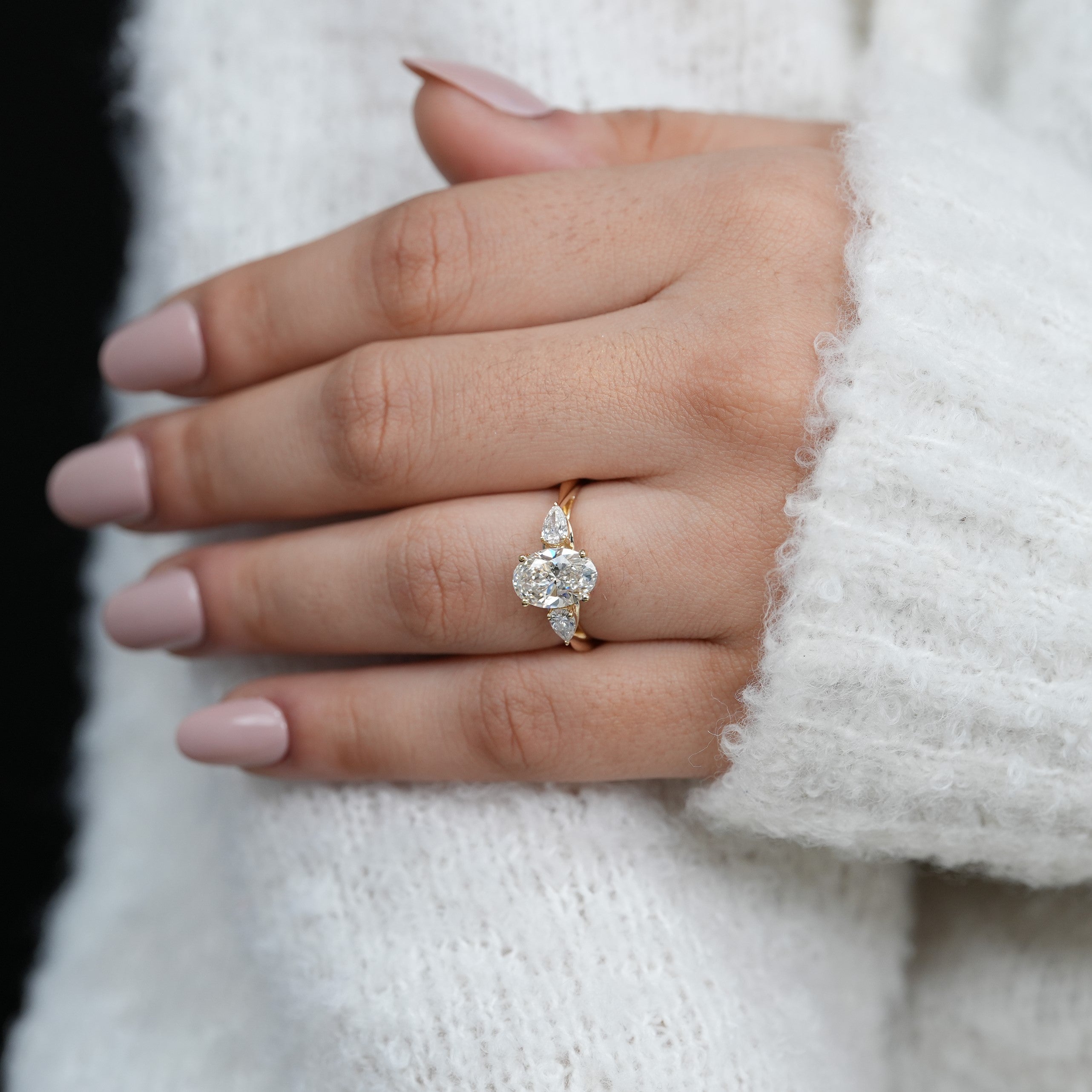 Oval lab grown diamond ring with pear side stones wedding jewelry