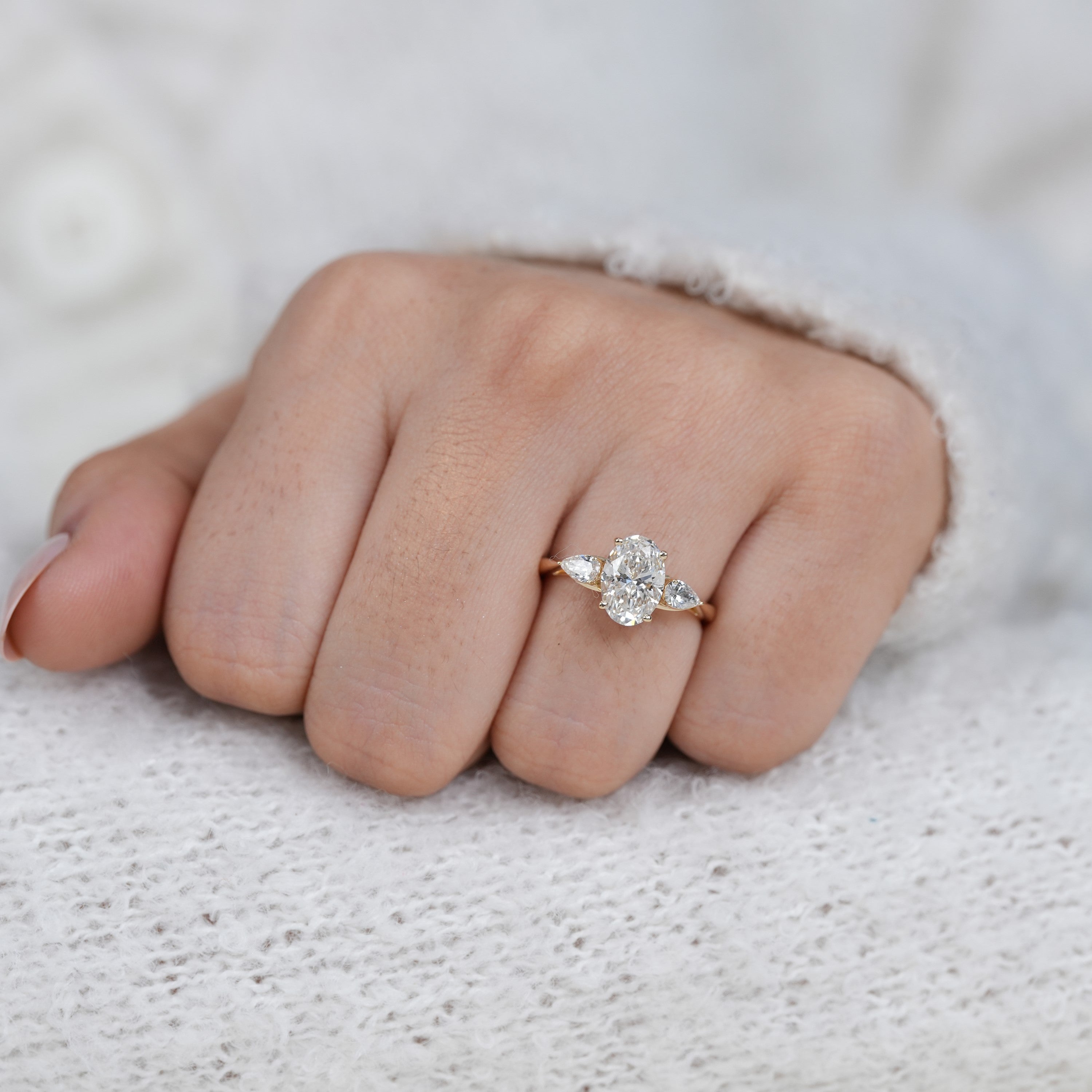 Three stone oval lab grown diamond ring special gift for mom