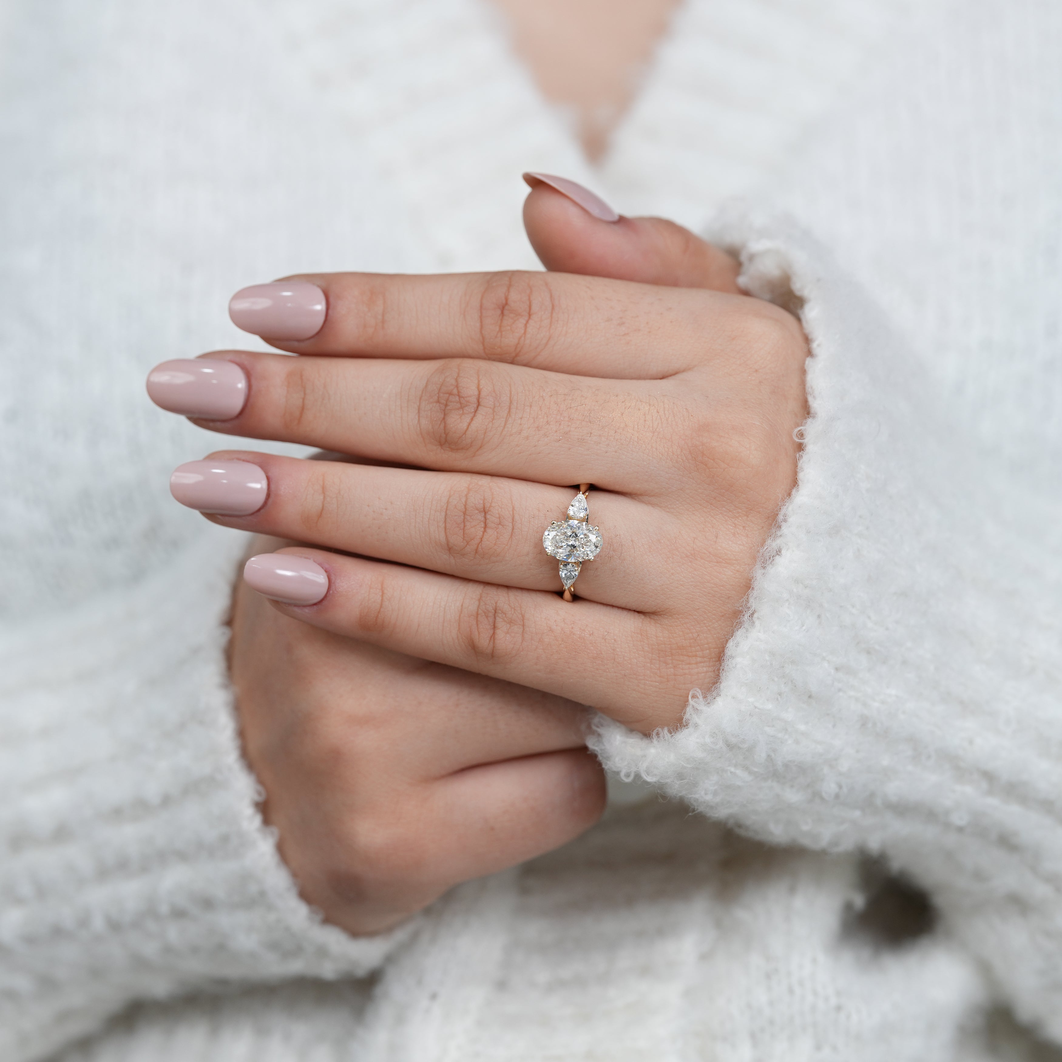 Lab grown diamond oval three stone ring meaningful gift for daughter