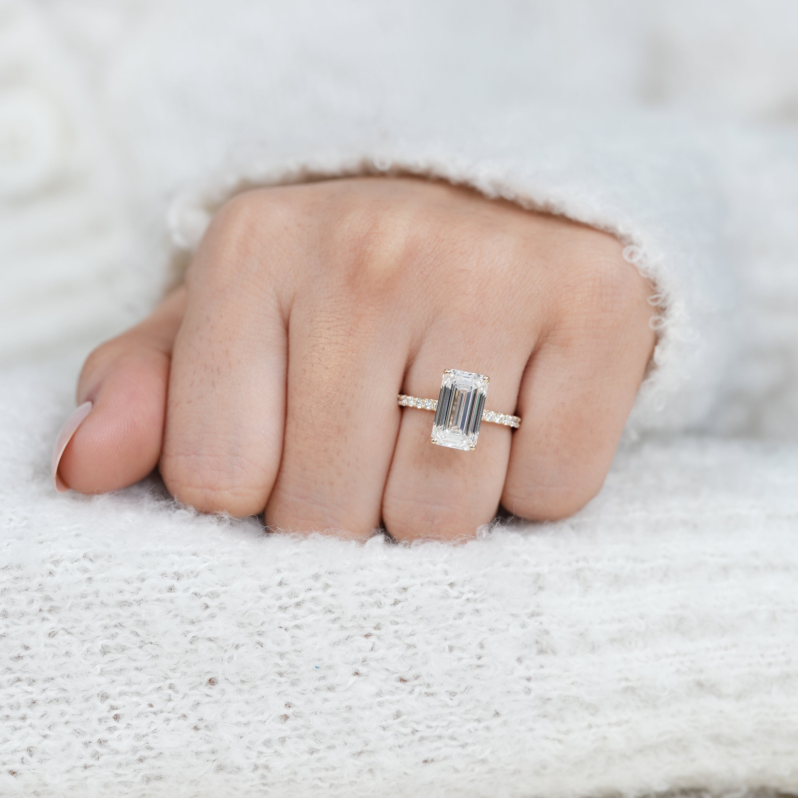 Lab grown diamond hidden halo emerald cut ring for festive gifting