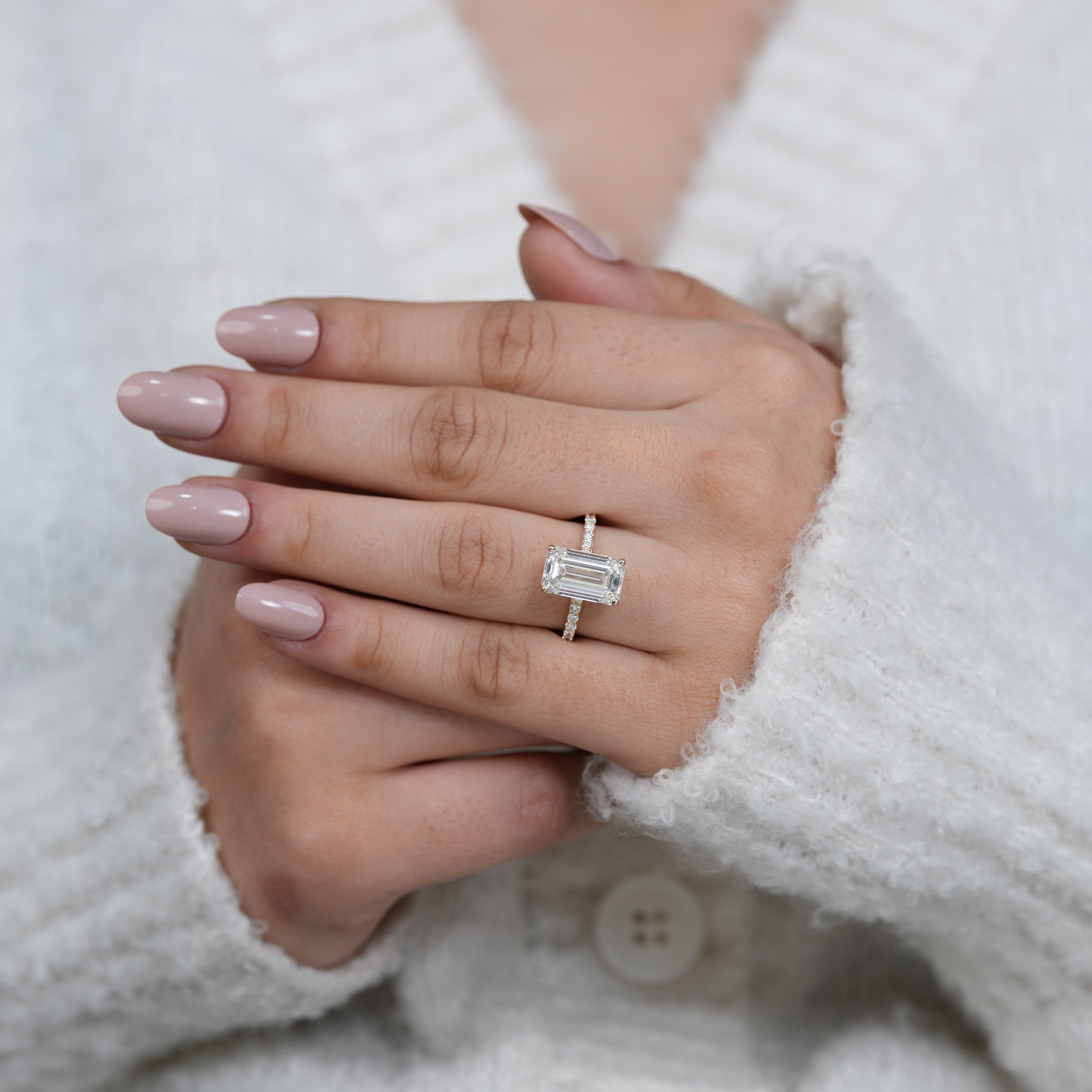 Emerald cut lab grown diamond hidden halo ring for daughter gift