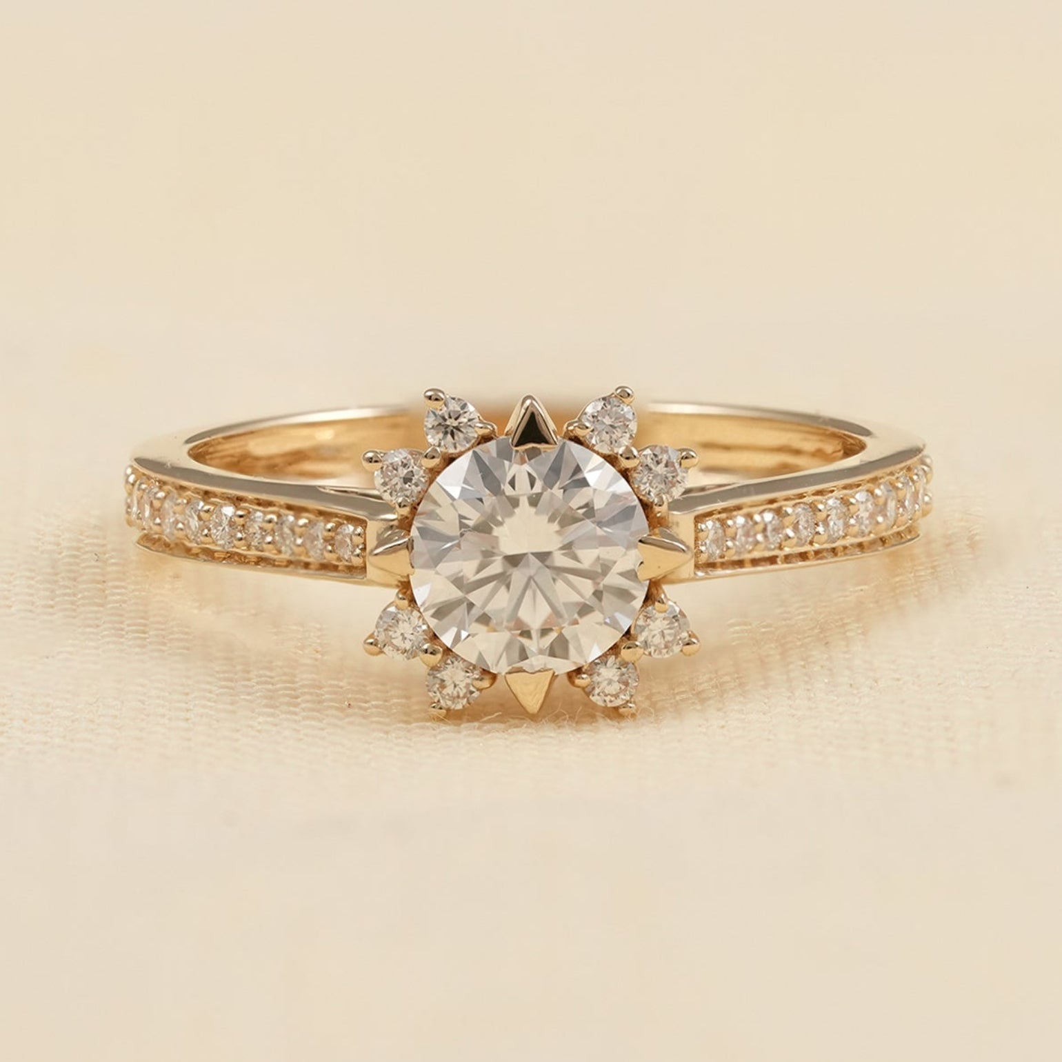 Sunburst Halo Round Lab Diamond Engagement Ring in Yellow Gold