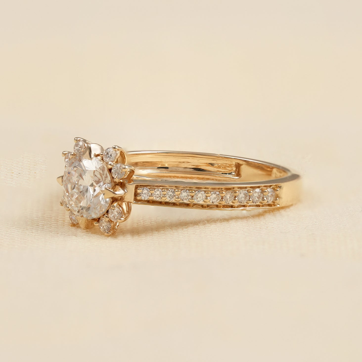 Vintage Inspired Sunburst Diamond Engagement Ring with Pave Band