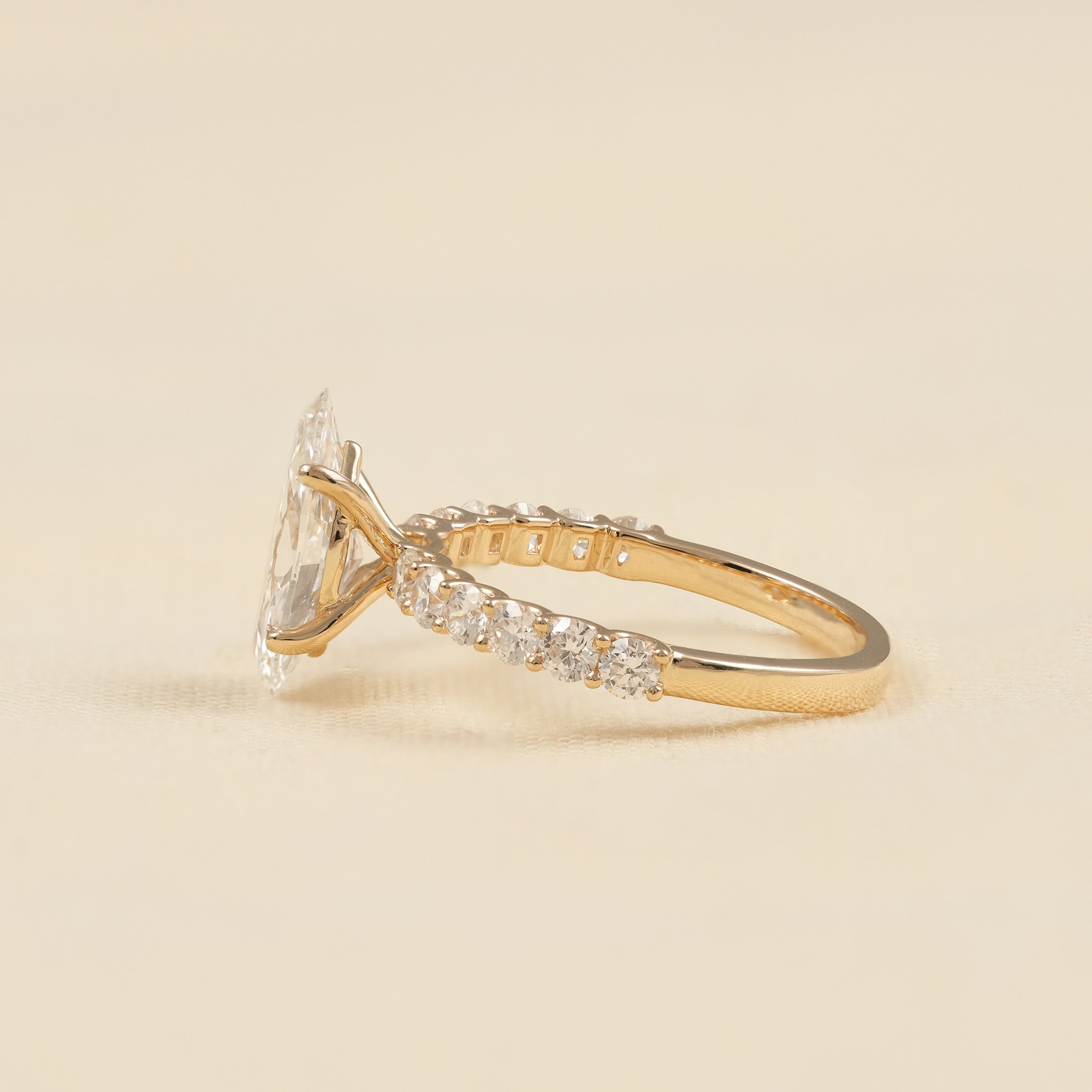Yellow Gold Marquise Diamond Ring with Scalloped Diamond Band