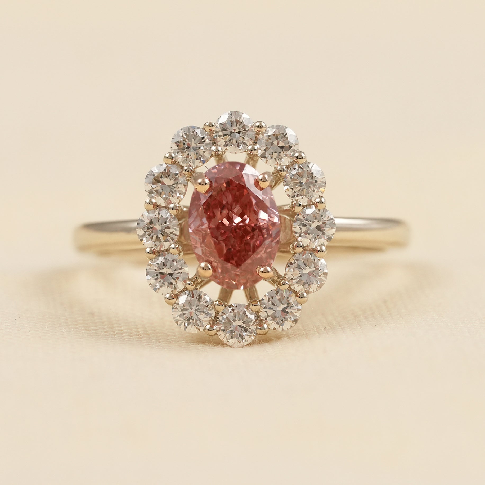 Luxury Pink Oval Lab Diamond Halo Engagement Ring in Yellow Gold