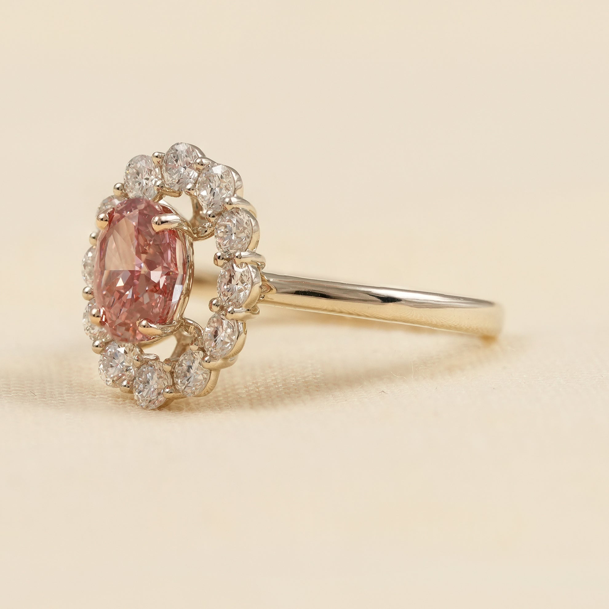Pink Oval Lab Diamond Ring with Brilliant Halo Diamond Setting