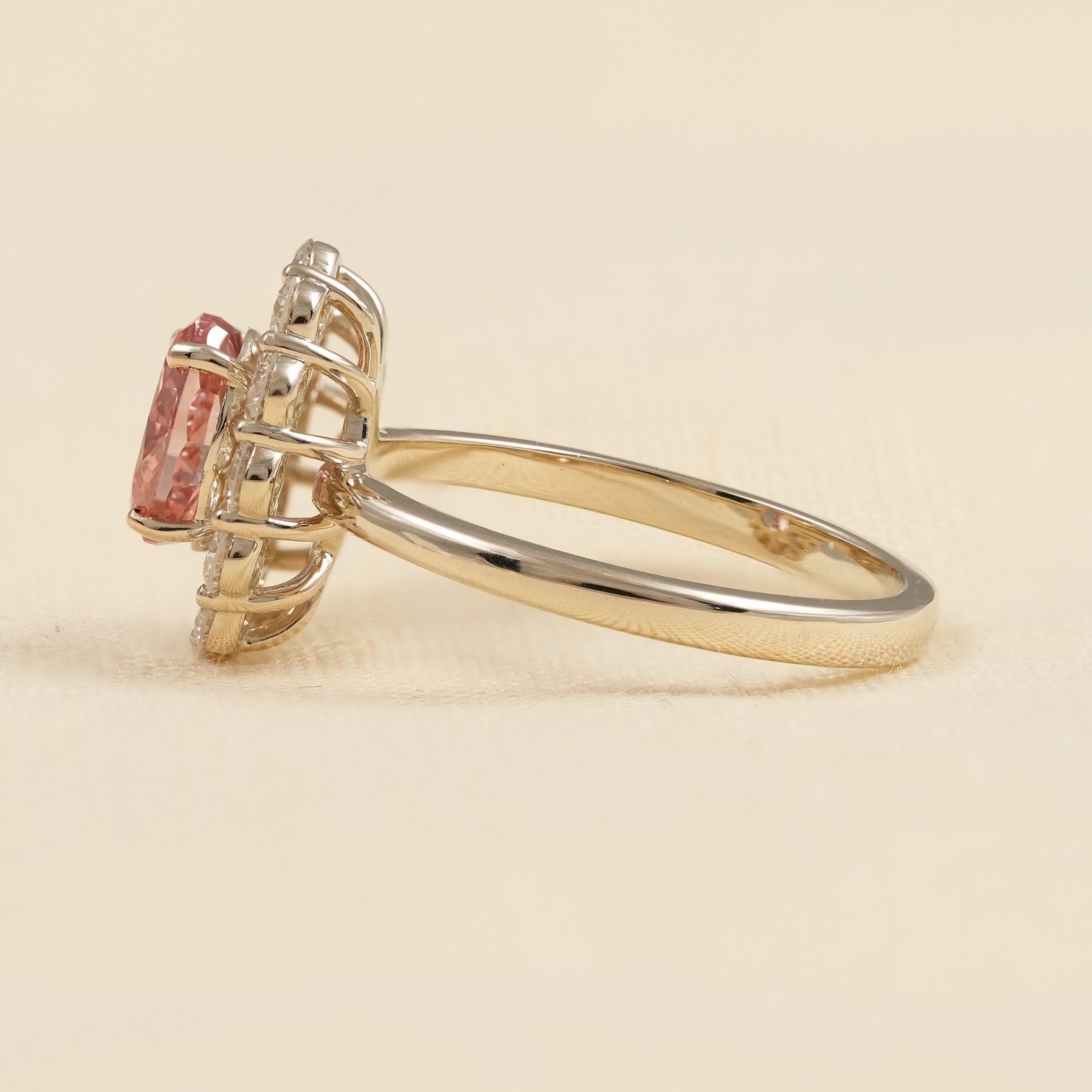 Oval Pink Lab Grown Diamond Ring with Floral Inspired Halo Design